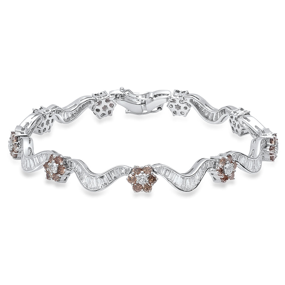 7.61 Carat (ctw) 18K White Gold Round & Baguette White & Champagne Diamond Ladies Tennis Bracelet