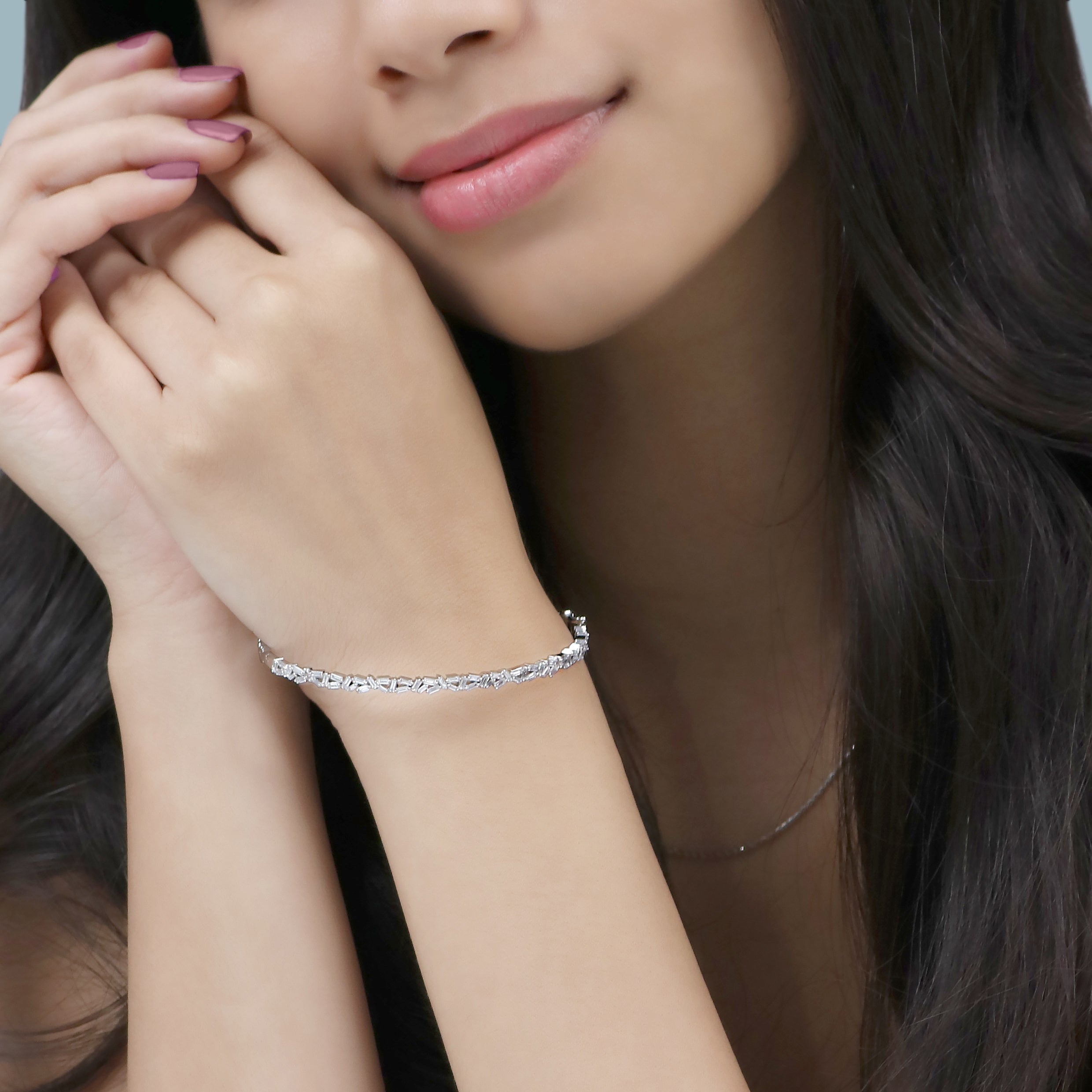 1.10 Carat (ctw) Baguette Lab Grown White Diamond Asymmetrical Bangle Bracelet for Women in 18K White Gold