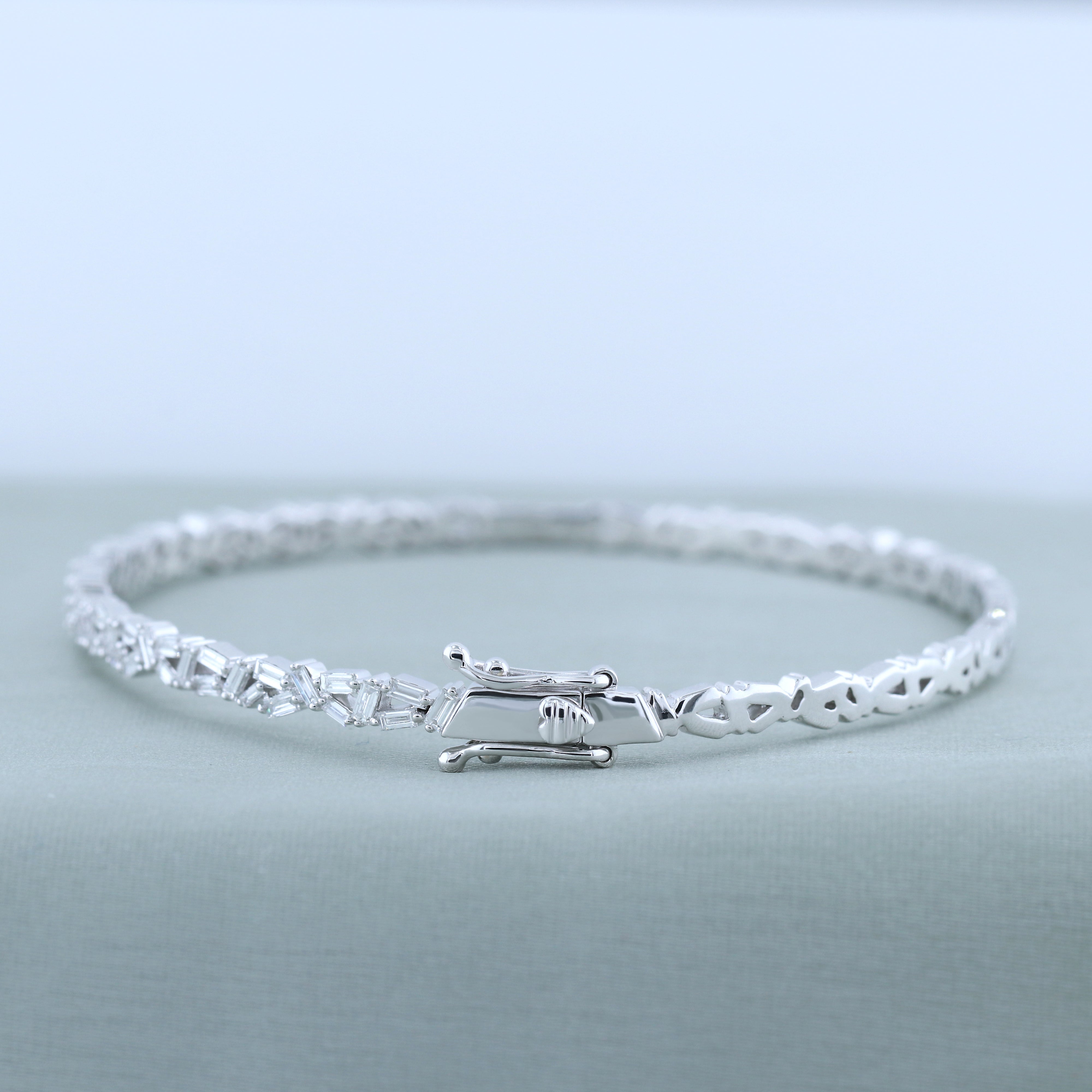 1.10 Carat (ctw) Baguette Lab Grown White Diamond Asymmetrical Bangle Bracelet for Women in 18K White Gold