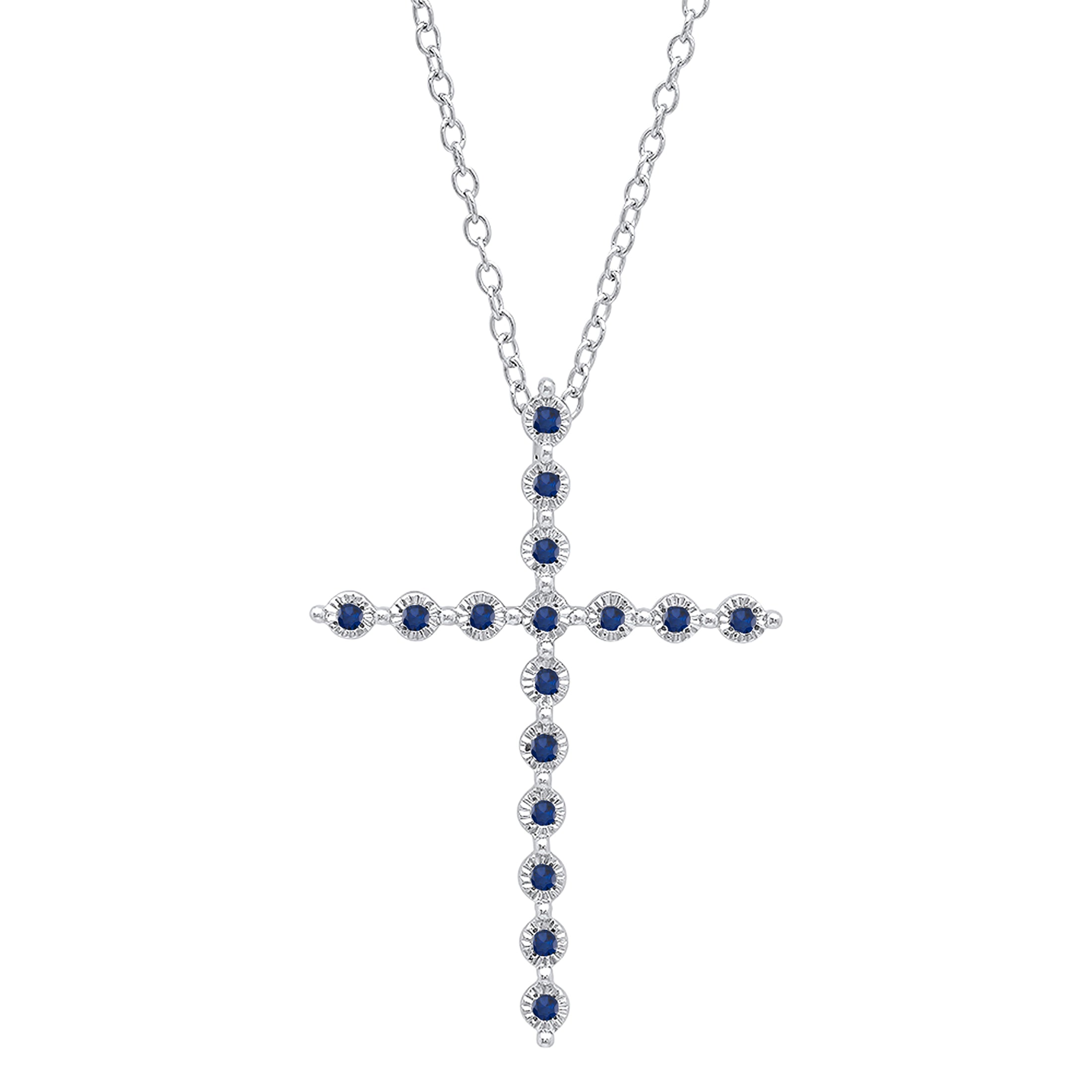 Round Blue Sapphire Cross Pendant(Necklace) with Silver Chain in 925 Sterling Silver