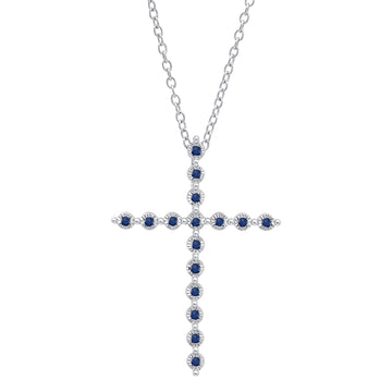 Round Blue Sapphire Cross Pendant(Necklace) with Silver Chain in 925 Sterling Silver