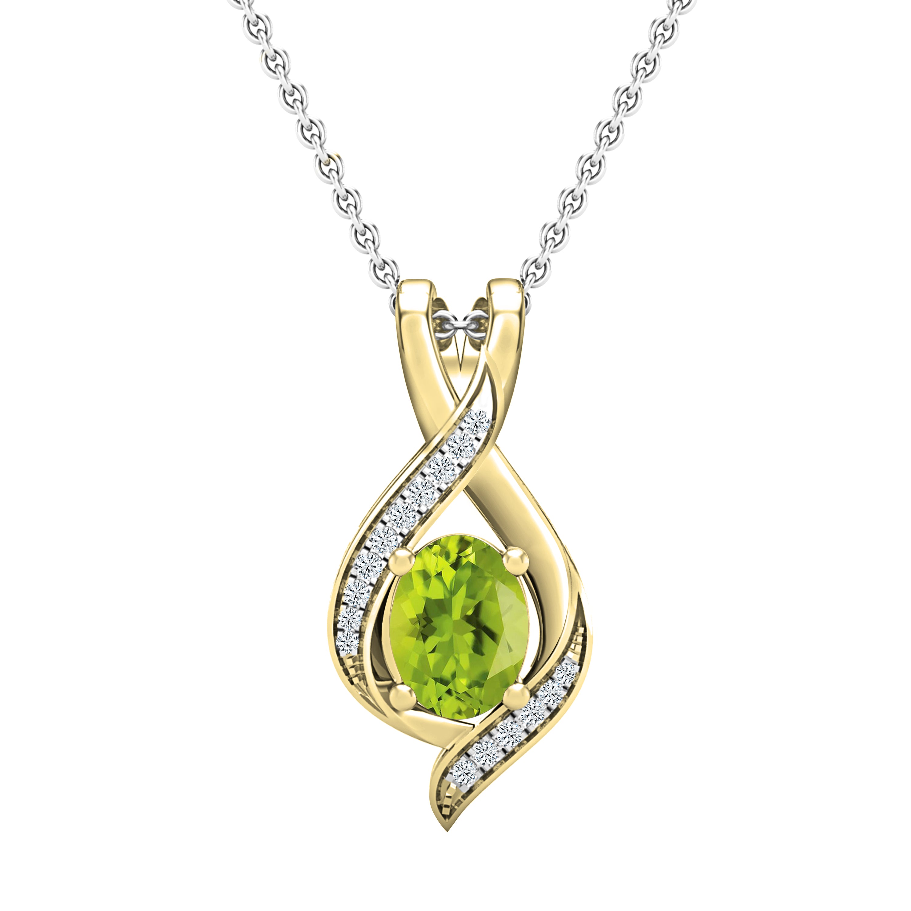 8X6mm Oval Peridot & Round White Diamond Infinity Pendant Necklace for Women with 18 inch Silver Chain in 18K Yellow Gold