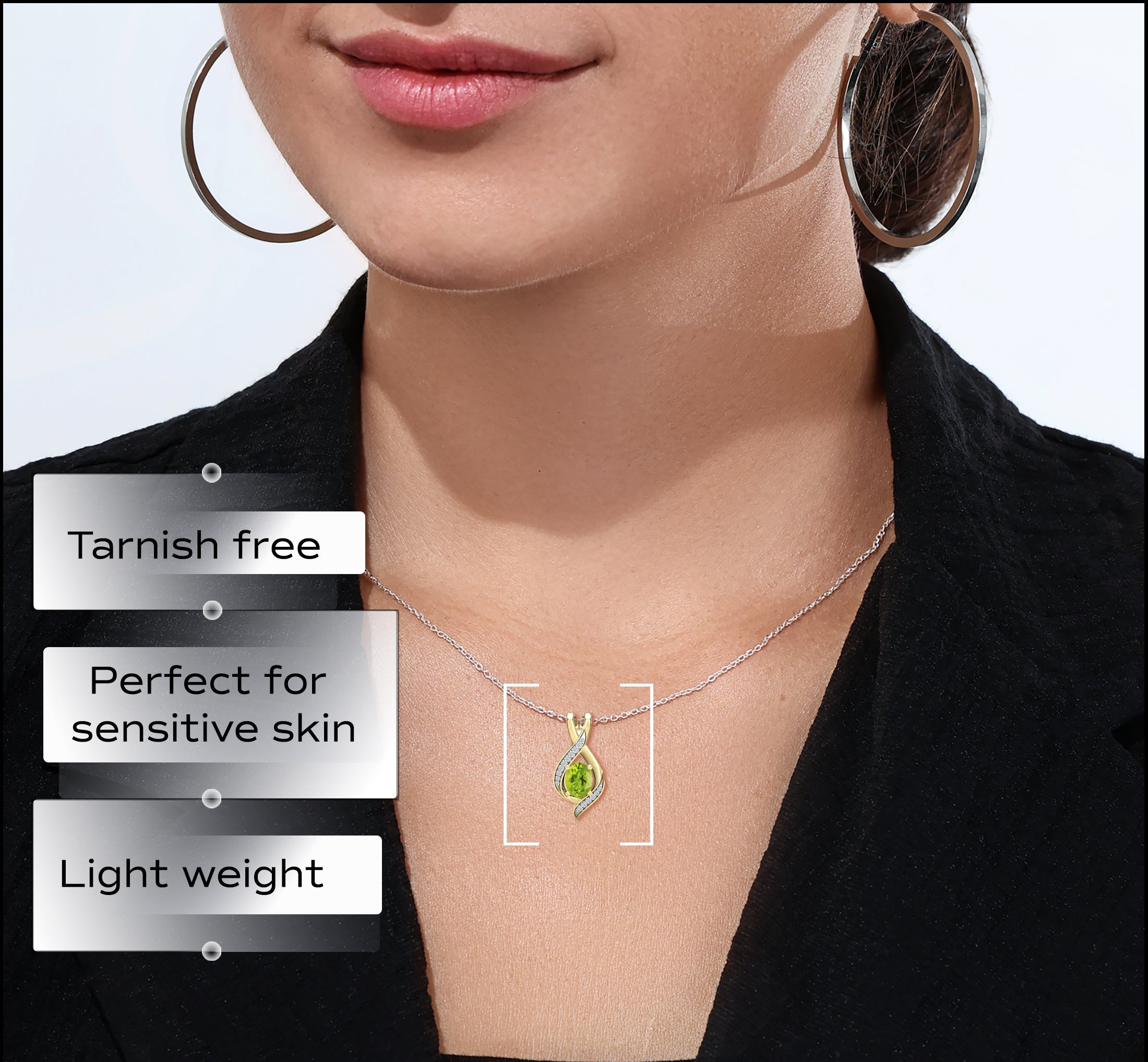 8X6mm Oval Peridot & Round White Diamond Infinity Pendant Necklace for Women with 18 inch Silver Chain in 18K Yellow Gold