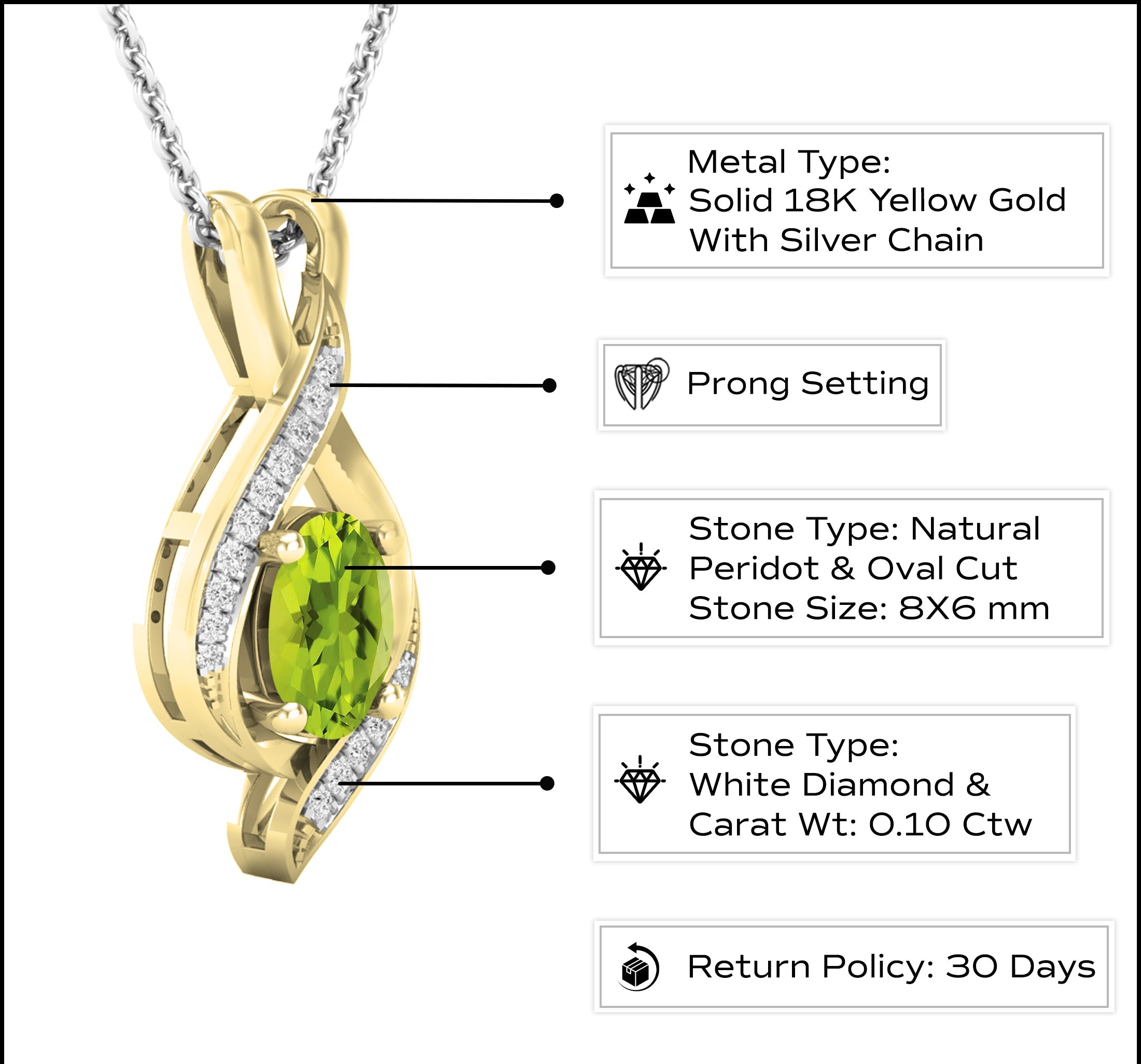 8X6mm Oval Peridot & Round White Diamond Infinity Pendant Necklace for Women with 18 inch Silver Chain in 18K Yellow Gold