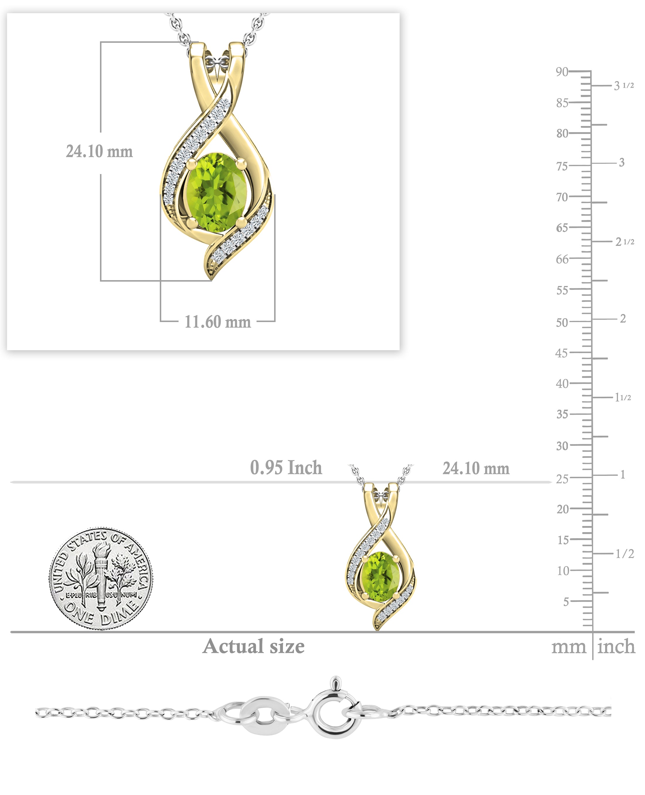 8X6mm Oval Peridot & Round White Diamond Infinity Pendant Necklace for Women with 18 inch Silver Chain in 18K Yellow Gold