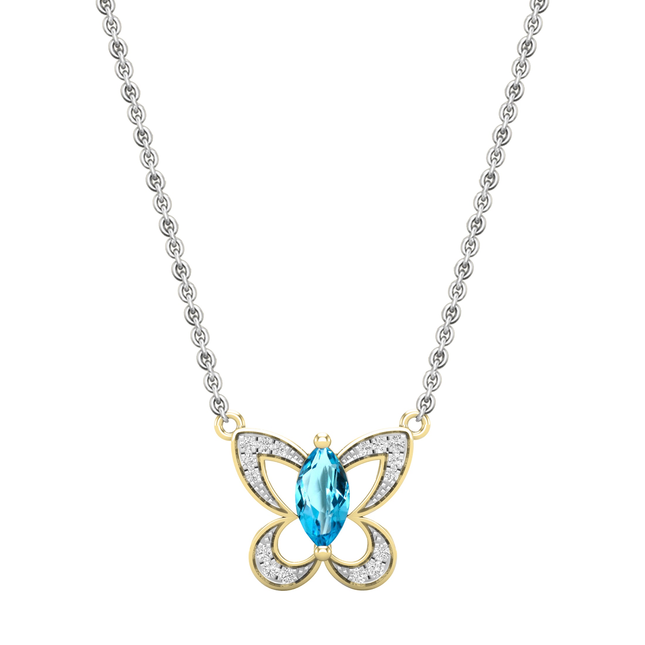 8X4mm Marquise Blue Topaz & Round White Diamond Butterfly Pendant Necklace for Women with 18 inch Silver Chain in 18K Yellow Gold
