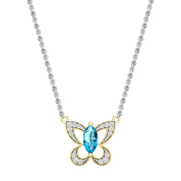 8X4mm Marquise Blue Topaz & Round White Diamond Butterfly Pendant Necklace for Women with 18 inch Silver Chain in 18K Yellow Gold