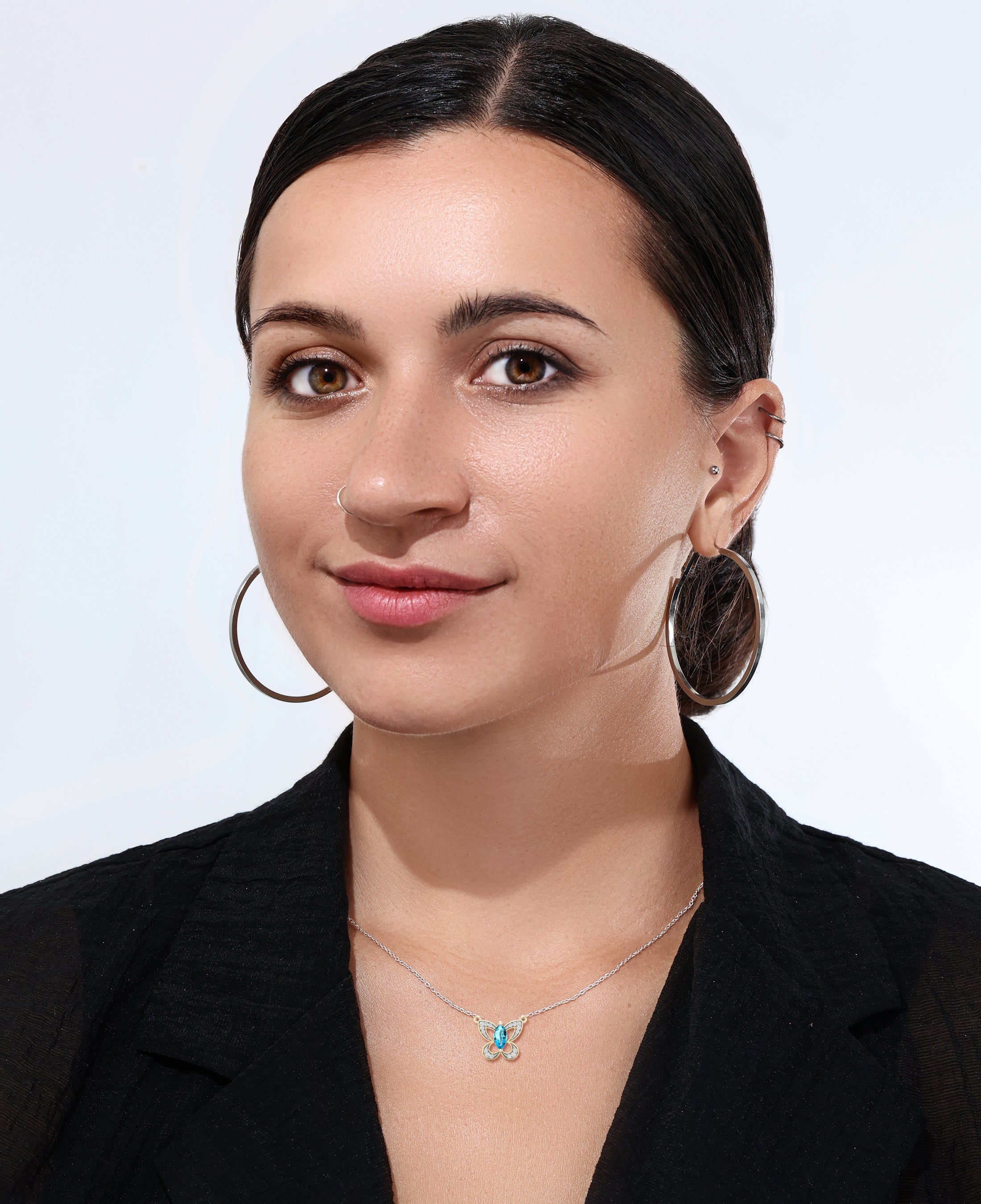 8X4mm Marquise Blue Topaz & Round White Diamond Butterfly Pendant Necklace for Women with 18 inch Silver Chain in 18K Yellow Gold