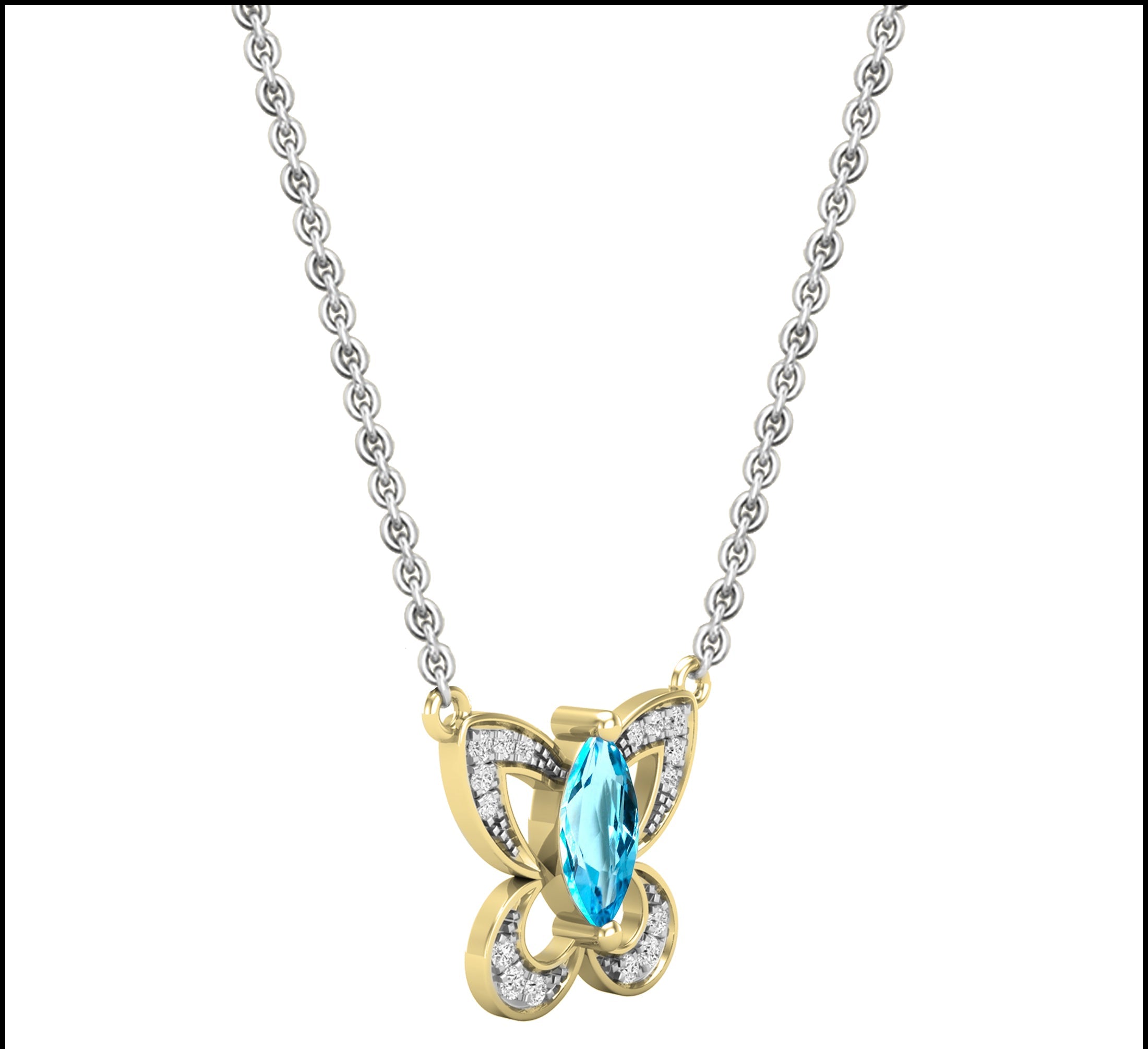 8X4mm Marquise Blue Topaz & Round White Diamond Butterfly Pendant Necklace for Women with 18 inch Silver Chain in 18K Yellow Gold