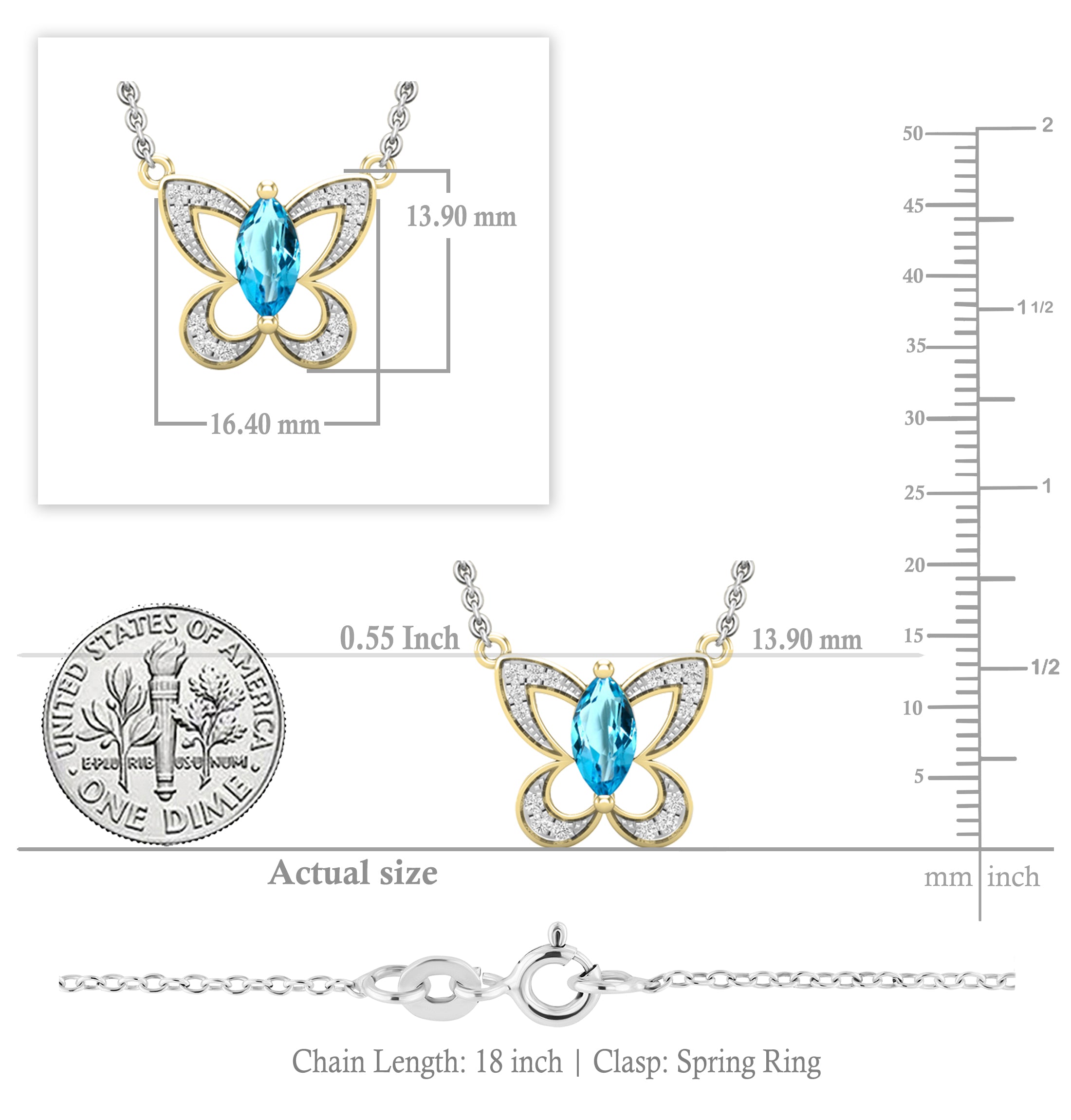 8X4mm Marquise Blue Topaz & Round White Diamond Butterfly Pendant Necklace for Women with 18 inch Silver Chain in 18K Yellow Gold
