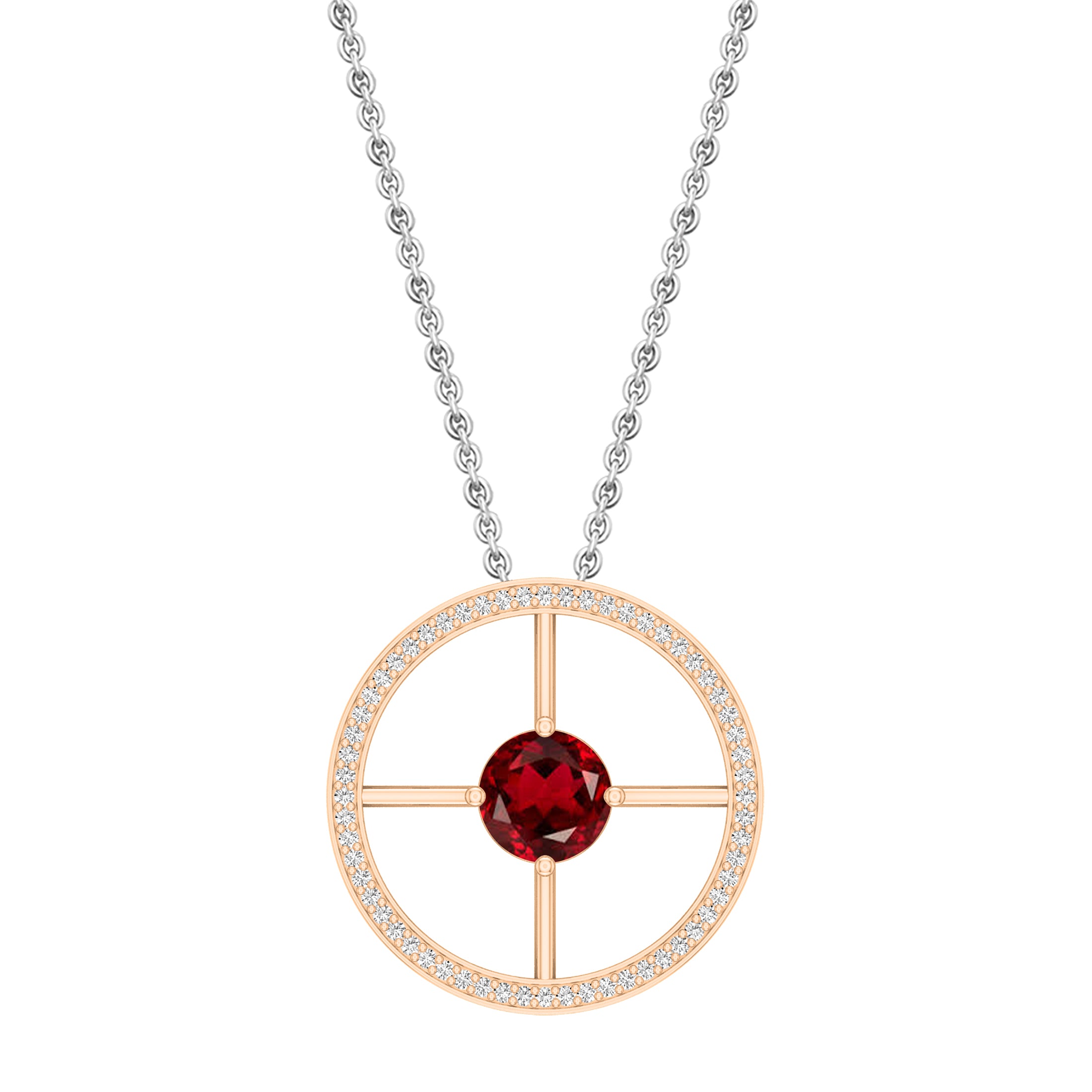 8mm Round Solitaire Garnet & White Diamond Wheel Style Circle Pendant Necklace for Women in 18K Rose Gold
