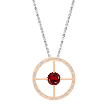 8mm Round Solitaire Garnet & White Diamond Wheel Style Circle Pendant Necklace for Women in 18K Rose Gold