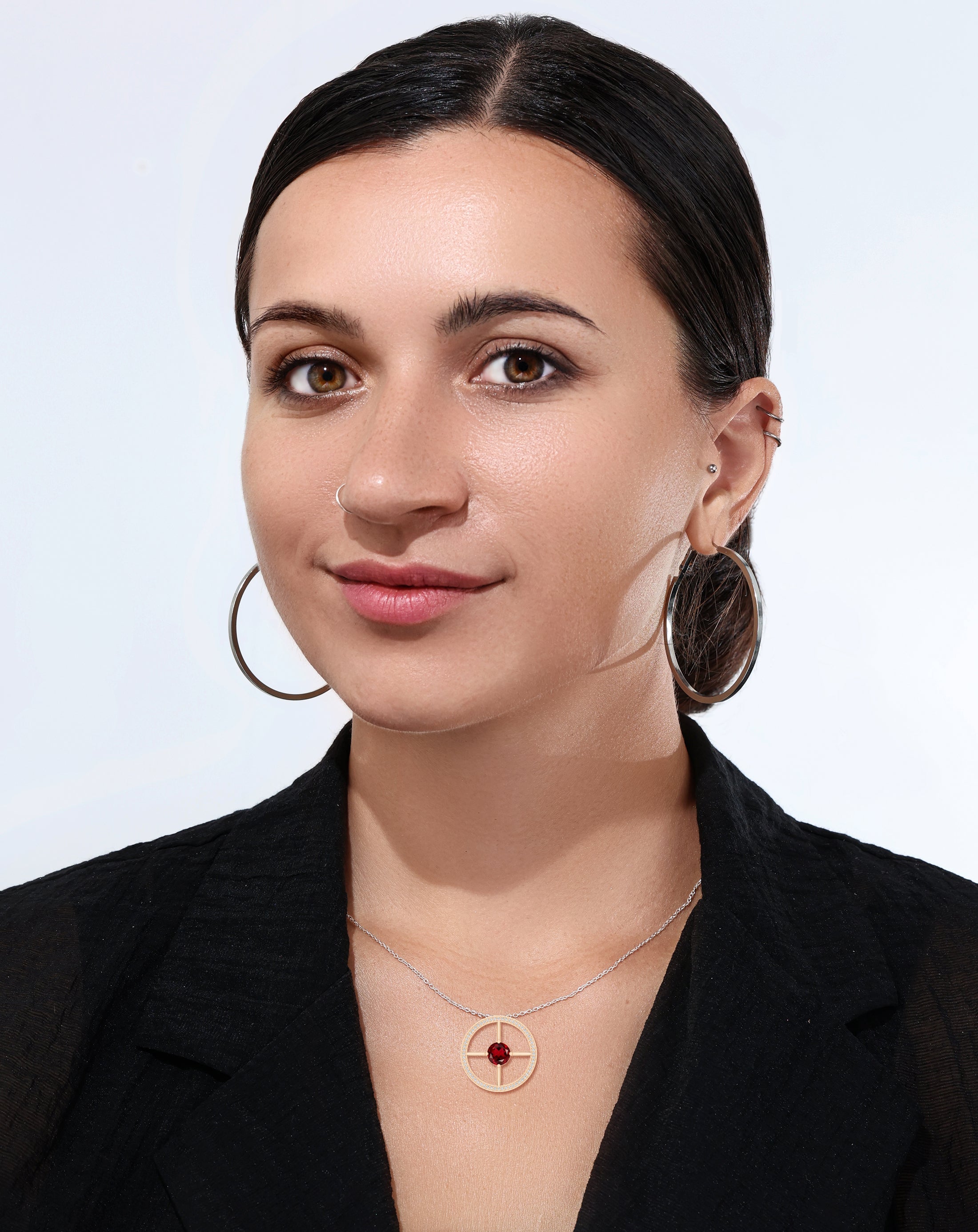 8mm Round Solitaire Garnet & White Diamond Wheel Style Circle Pendant Necklace for Women in 18K Rose Gold