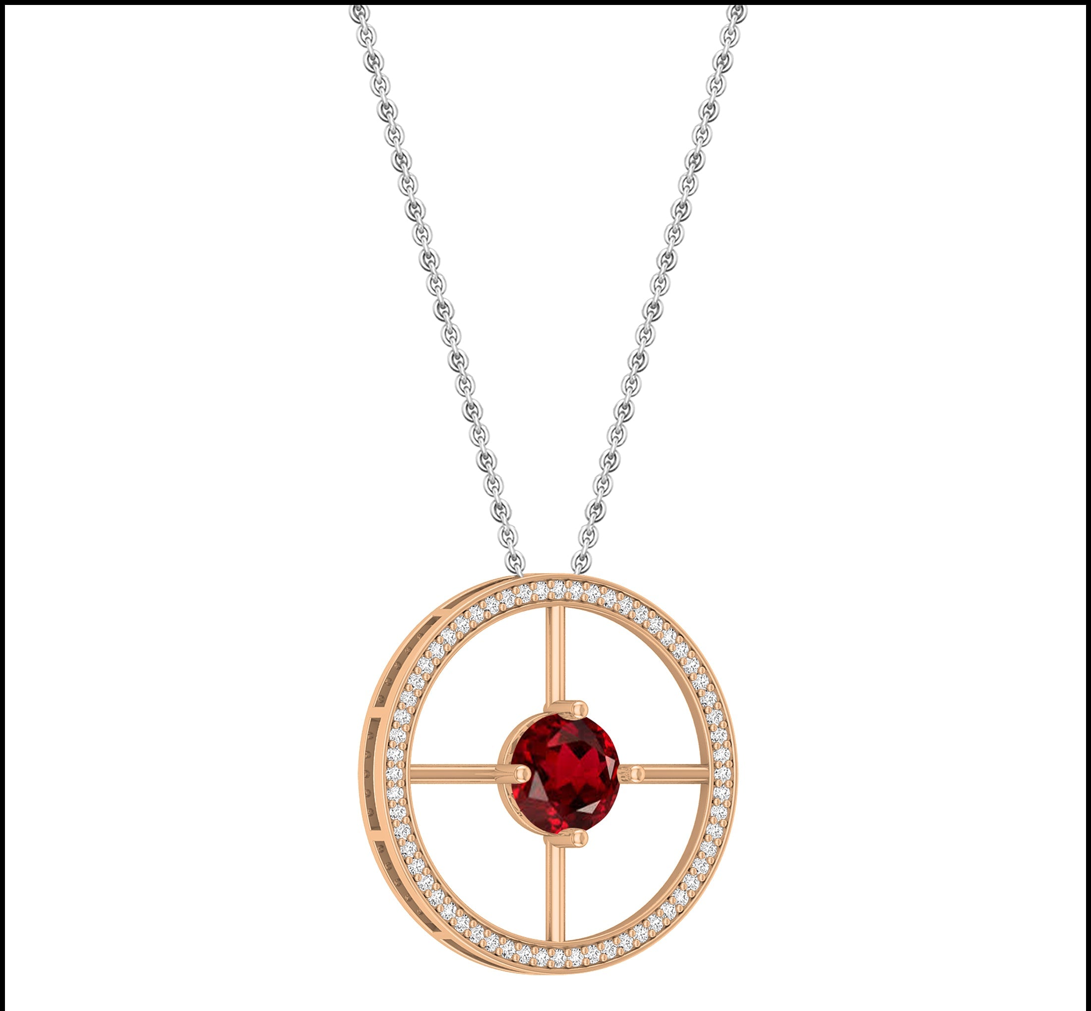 8mm Round Solitaire Garnet & White Diamond Wheel Style Circle Pendant Necklace for Women in 18K Rose Gold