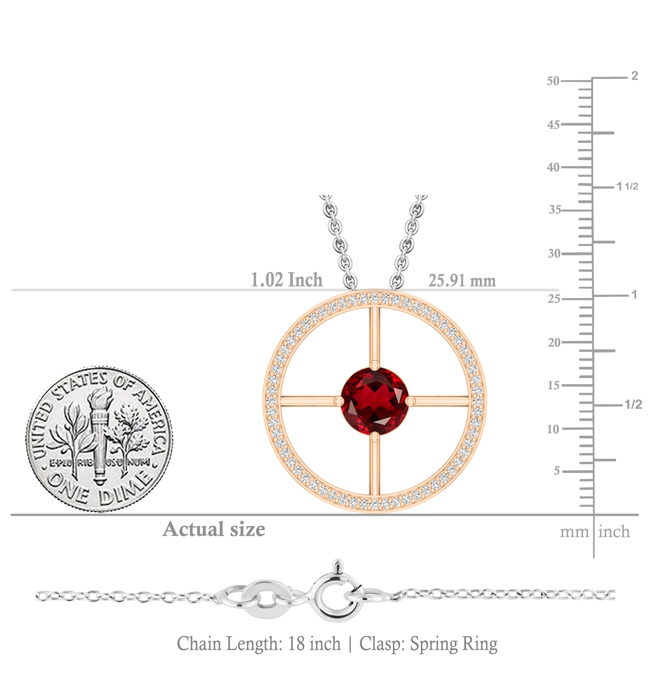 8mm Round Solitaire Garnet & White Diamond Wheel Style Circle Pendant Necklace for Women in 18K Rose Gold