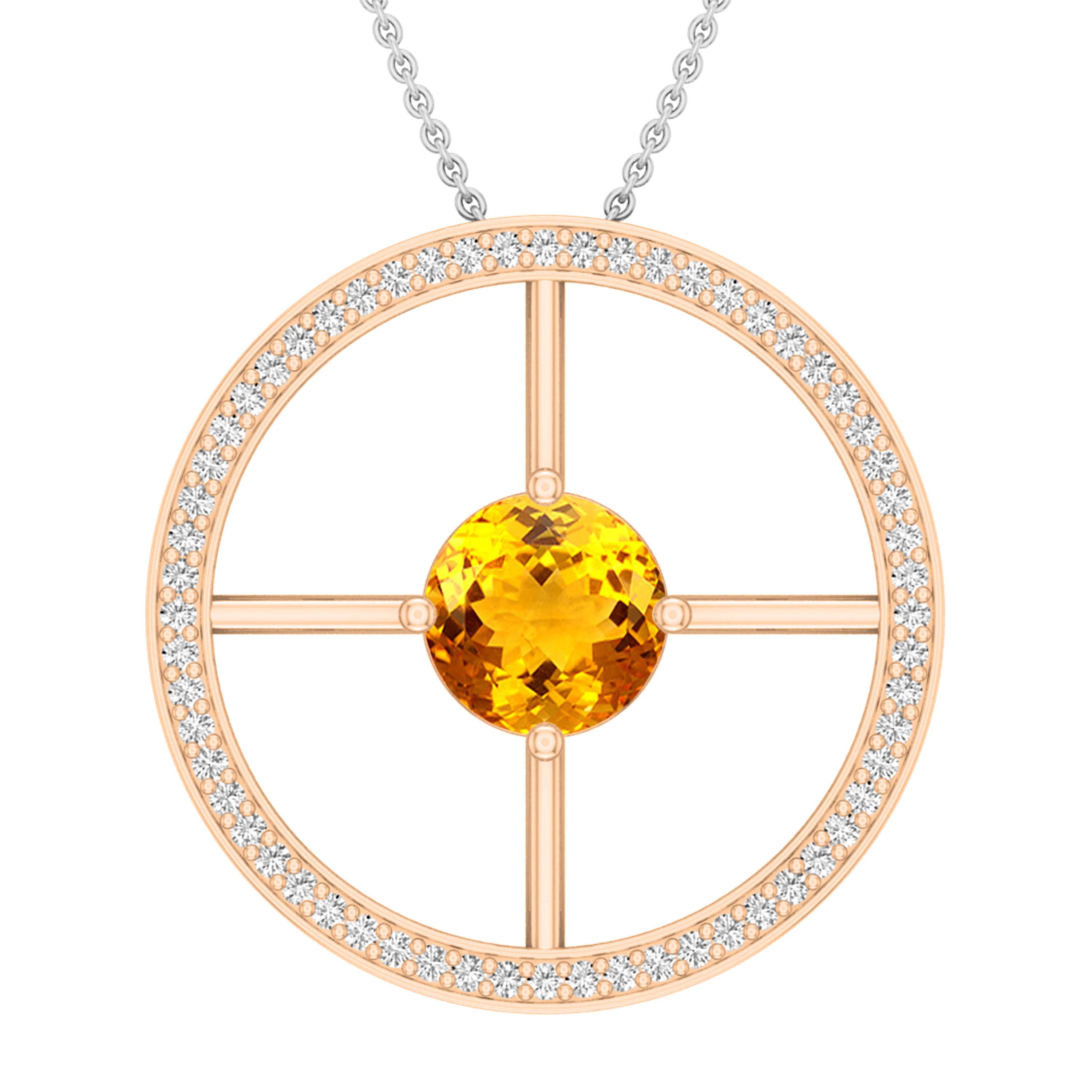 8mm Round Solitaire Citrine & White Diamond Wheel Style Circle Pendant Necklace for Women with 18 inch Silver Chain in 18K Rose Gold