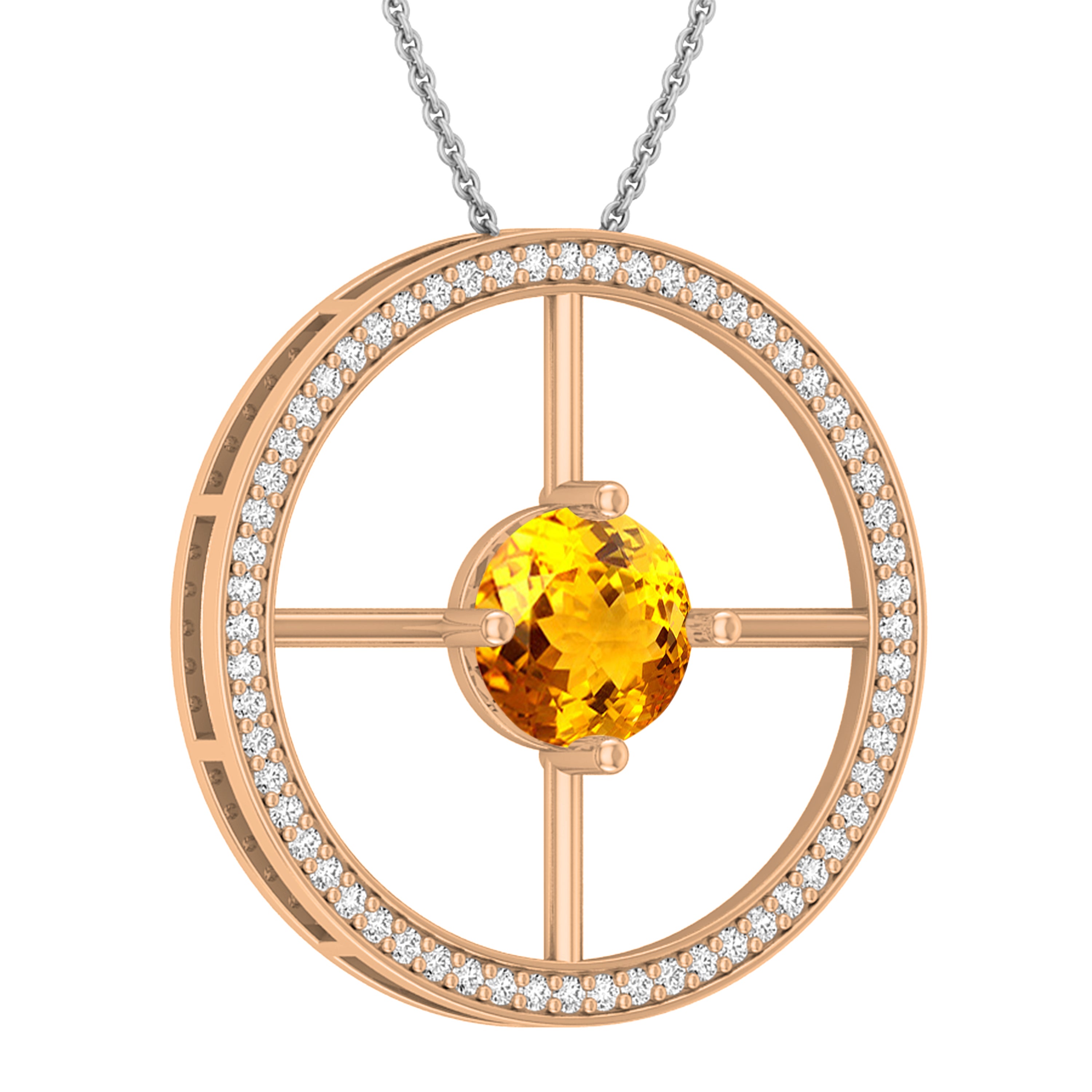 8mm Round Solitaire Citrine & White Diamond Wheel Style Circle Pendant Necklace for Women with 18 inch Silver Chain in 18K Rose Gold