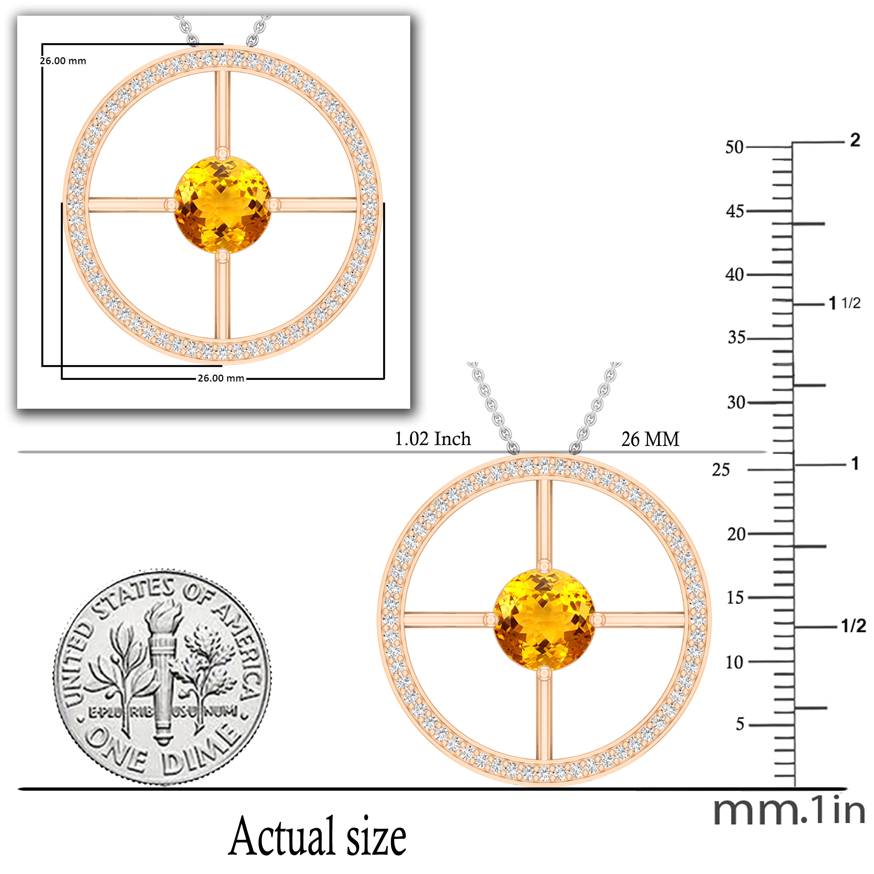 8mm Round Solitaire Citrine & White Diamond Wheel Style Circle Pendant Necklace for Women with 18 inch Silver Chain in 18K Rose Gold