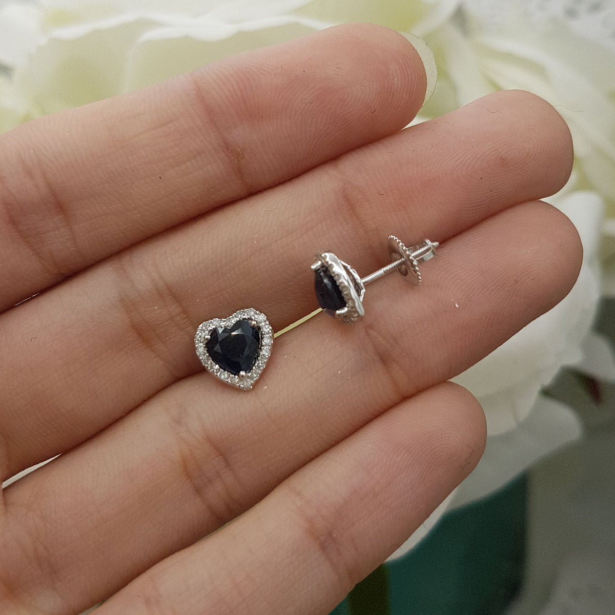 2.25 Carat (ctw) 10K White Gold Heart Shape Blue Sapphire & Round Cut Diamond Ladies Halo Stud Earrings