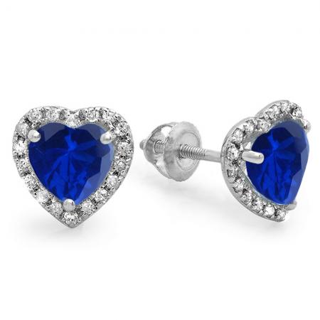 2.25 Carat (ctw) 10K White Gold Heart Shape Blue Sapphire & Round Cut Diamond Ladies Halo Stud Earrings