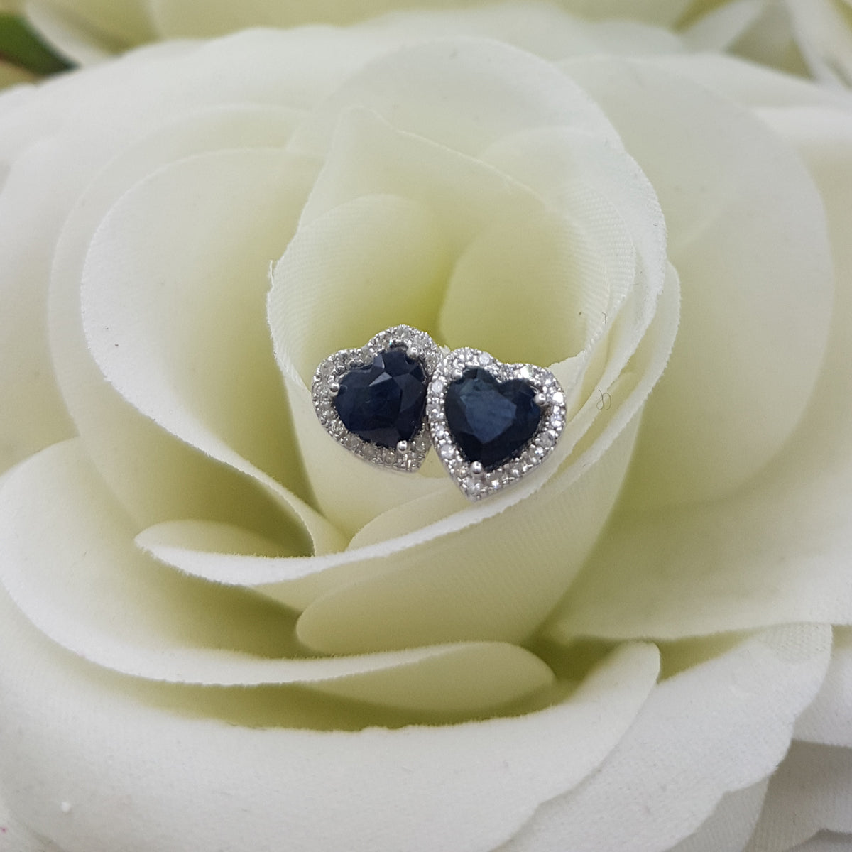 2.25 Carat (ctw) 10K White Gold Heart Shape Blue Sapphire & Round Cut Diamond Ladies Halo Stud Earrings
