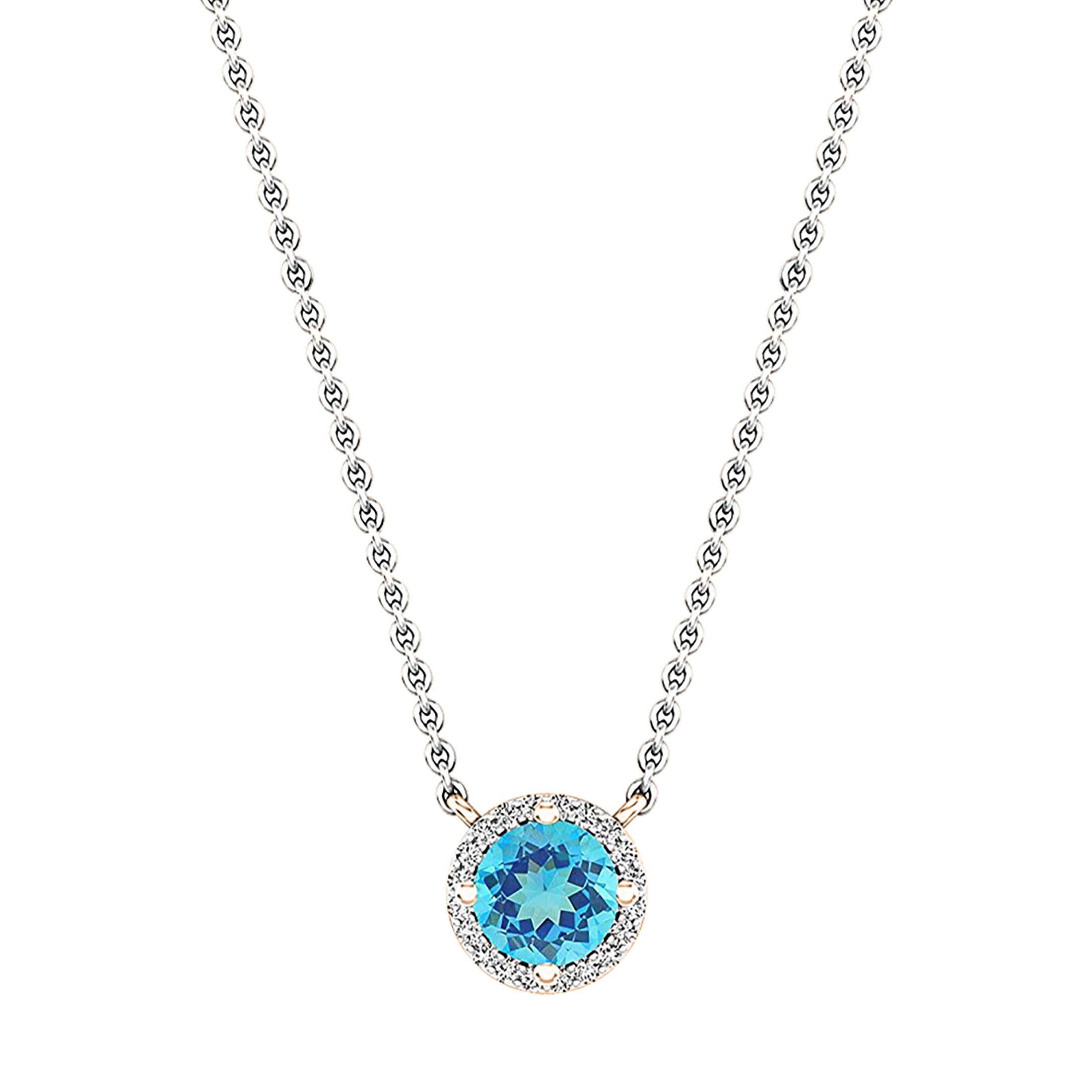 6mm Round Blue Topaz and White Diamond Halo Pendant Necklace for Women with 18 inch Silver Chain in 14K Rose Gold