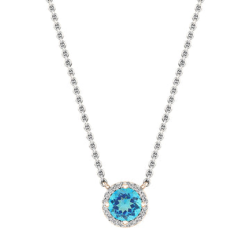 6mm Round Blue Topaz and White Diamond Halo Pendant Necklace for Women with 18 inch Silver Chain in 14K Rose Gold