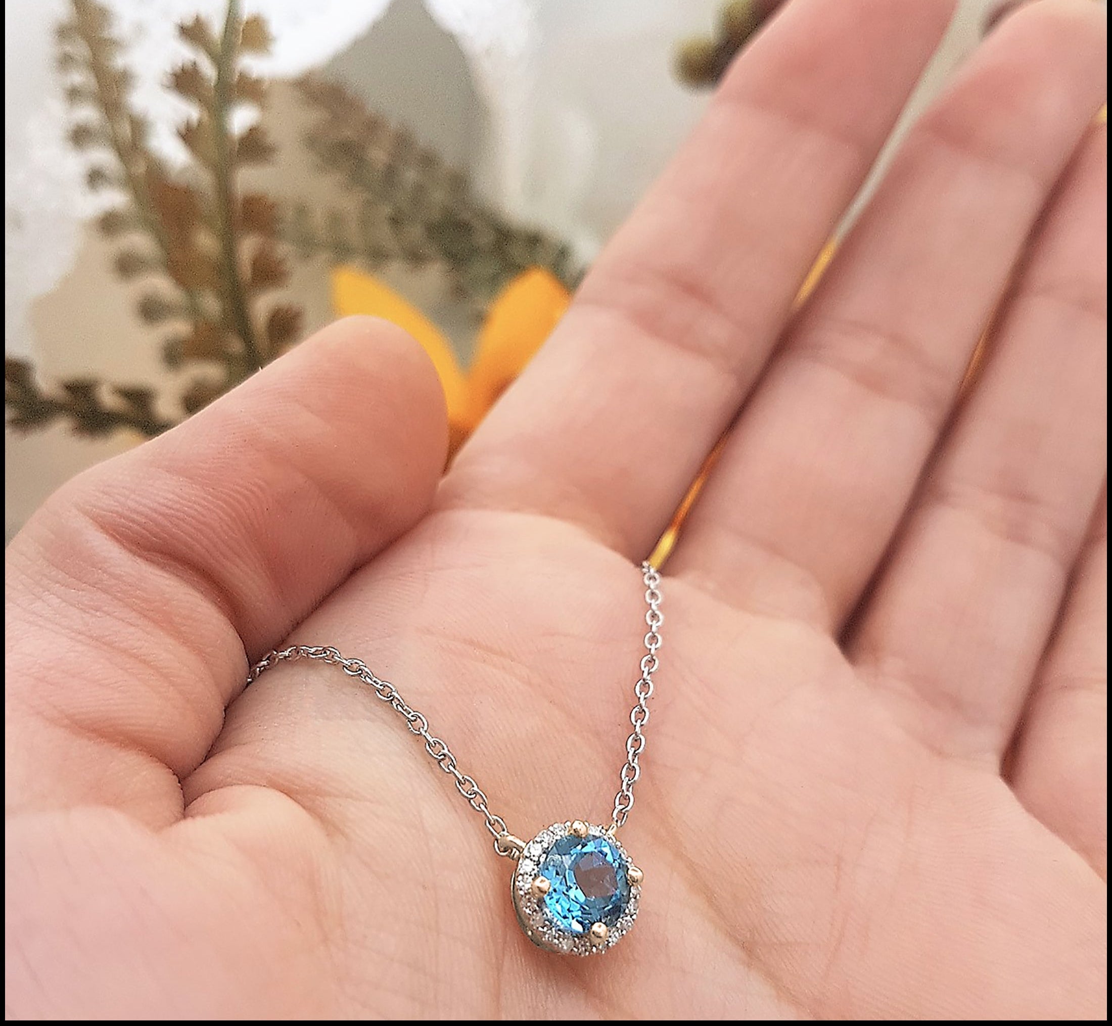 6mm Round Blue Topaz and White Diamond Halo Pendant Necklace for Women with 18 inch Silver Chain in 14K Rose Gold