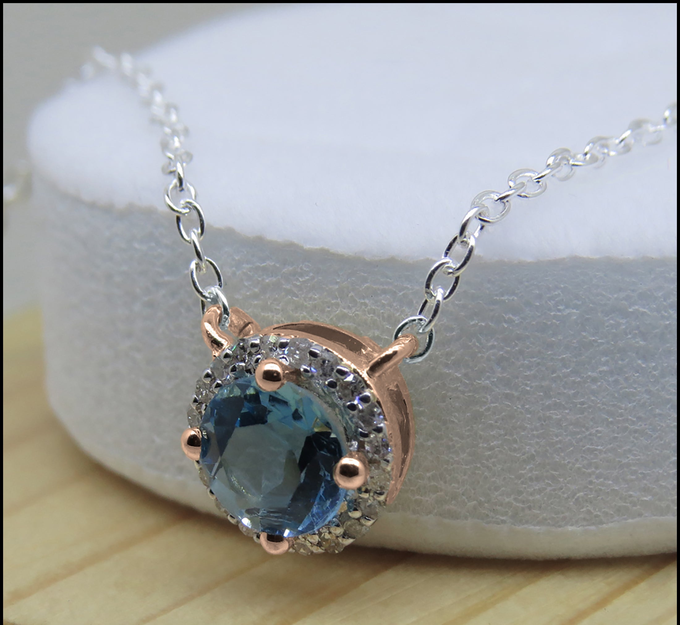 6mm Round Blue Topaz and White Diamond Halo Pendant Necklace for Women with 18 inch Silver Chain in 14K Rose Gold