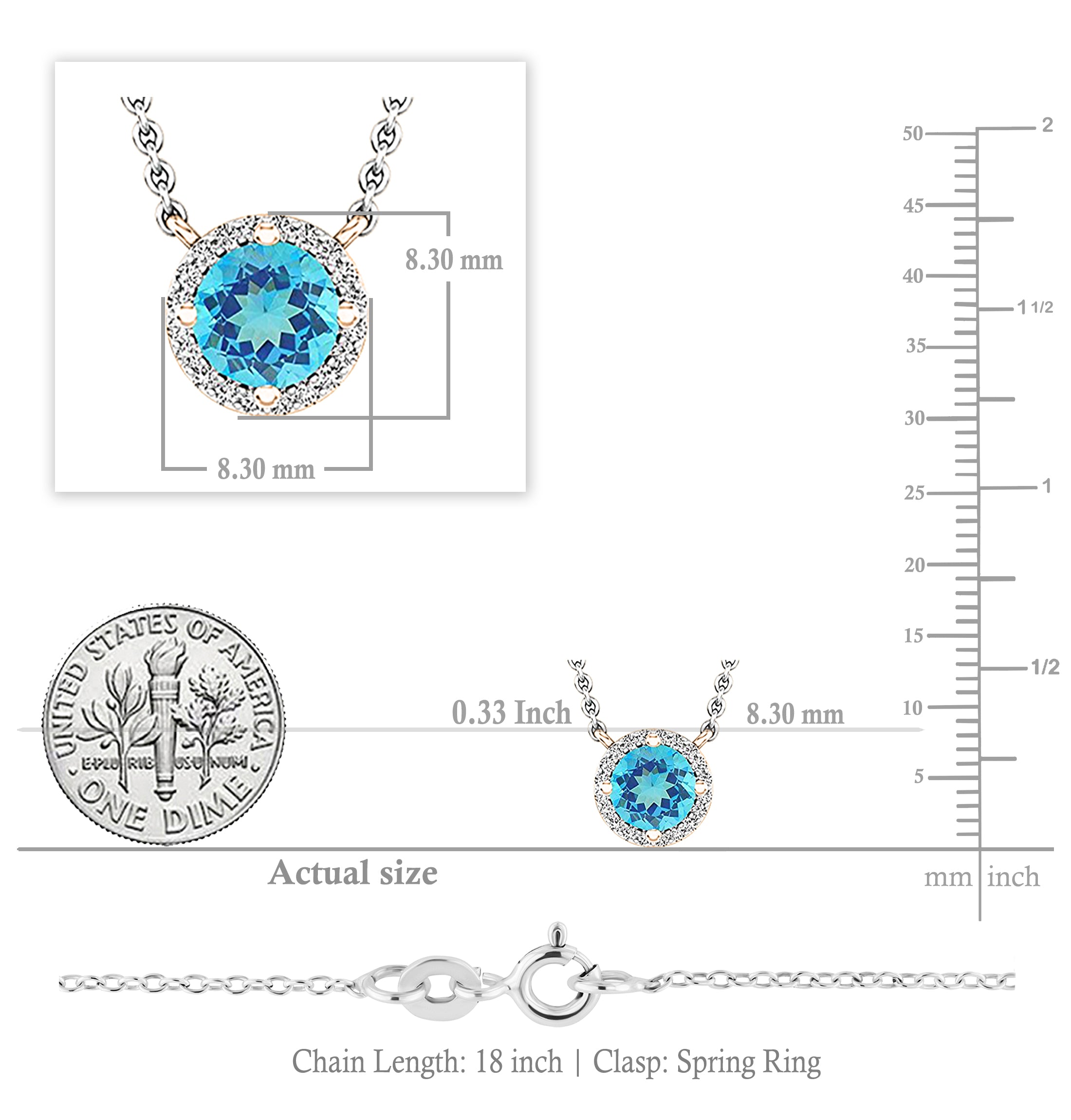 6mm Round Blue Topaz and White Diamond Halo Pendant Necklace for Women with 18 inch Silver Chain in 14K Rose Gold