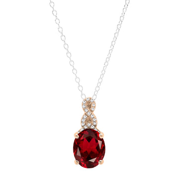 10x8mm Oval Garnet & Round White Diamond Infinity Solitaire Pendant Necklace for Women with 18 inch Silver Chain in 18K Rose Gold
