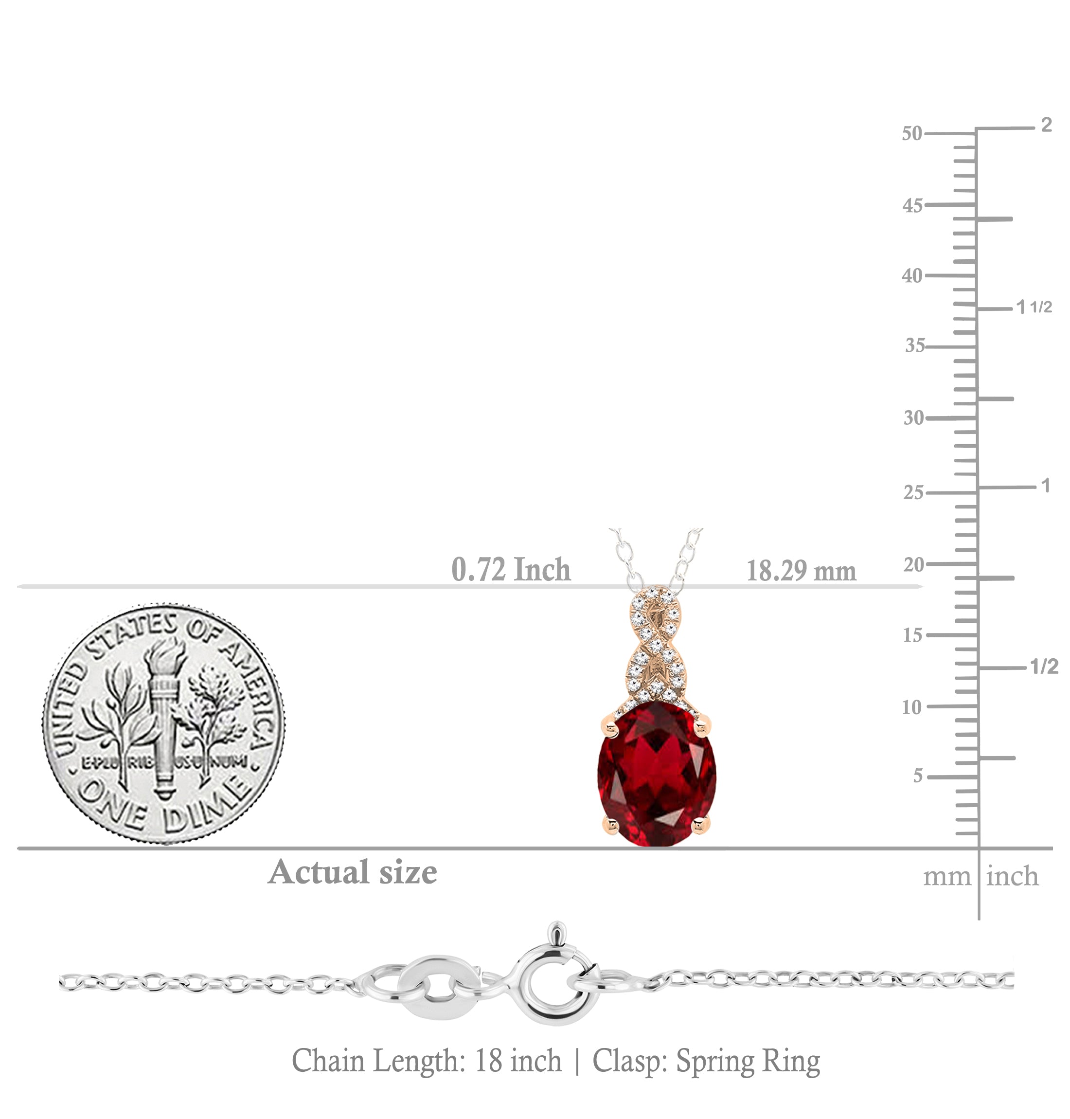 10x8mm Oval Garnet & Round White Diamond Infinity Solitaire Pendant Necklace for Women with 18 inch Silver Chain in 18K Rose Gold