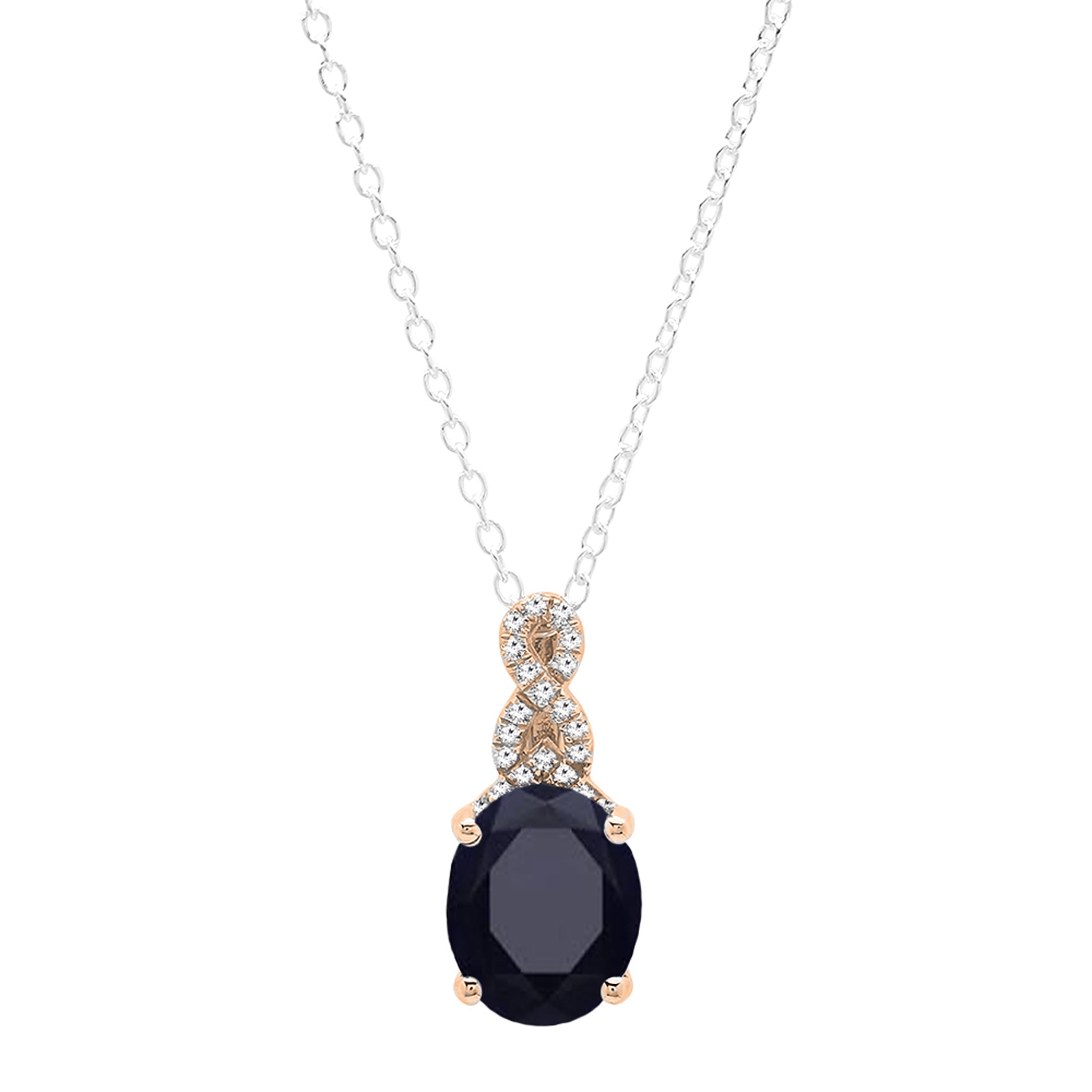 10X8mm Oval Black Sapphire & Round White Diamond Pendant Necklace for Women in 18K Rose Gold