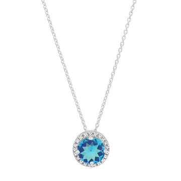 14K White Gold Blue Topaz 5.5 MM Gemstone & Diamond Ladies Halo Style Pendant And Necklace