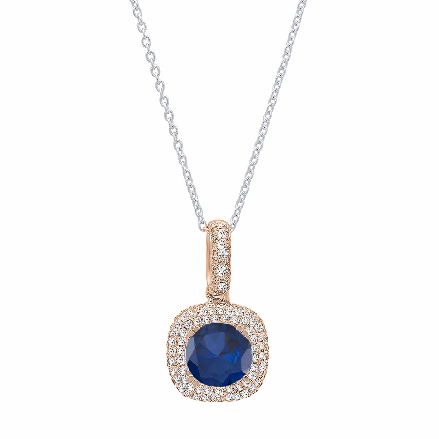 6mm Round Blue Sapphire & White Diamond Double Halo Pendant Necklace for Women with 18 inch Silver Chain in 18K Rose Gold