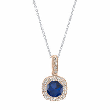 6mm Round Blue Sapphire & White Diamond Double Halo Pendant Necklace for Women with 18 inch Silver Chain in 18K Rose Gold