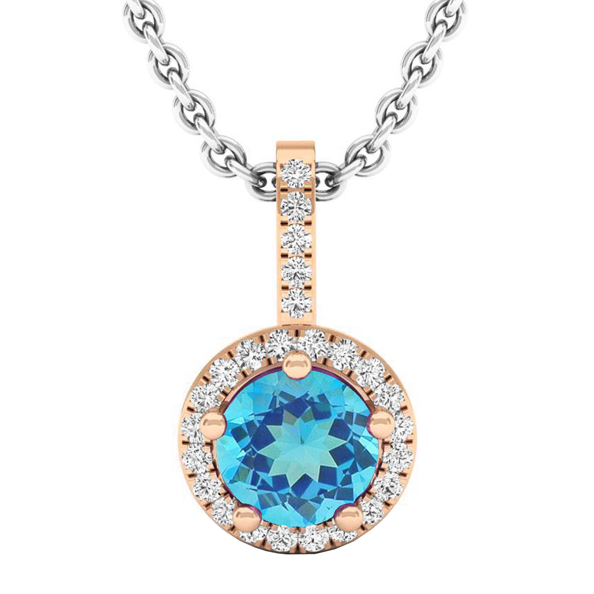 5mm Round Blue Toapz & White Diamond Pendant Necklace for Women with 18 inch Silver Chain in 18K Rose Gold