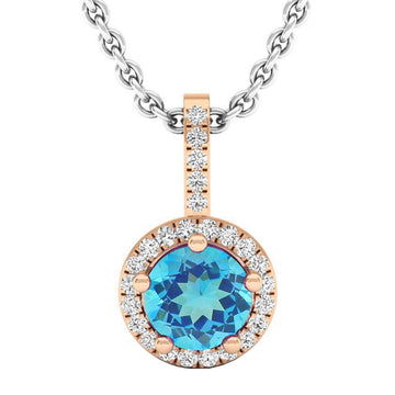 5mm Round Blue Toapz & White Diamond Pendant Necklace for Women with 18 inch Silver Chain in 18K Rose Gold