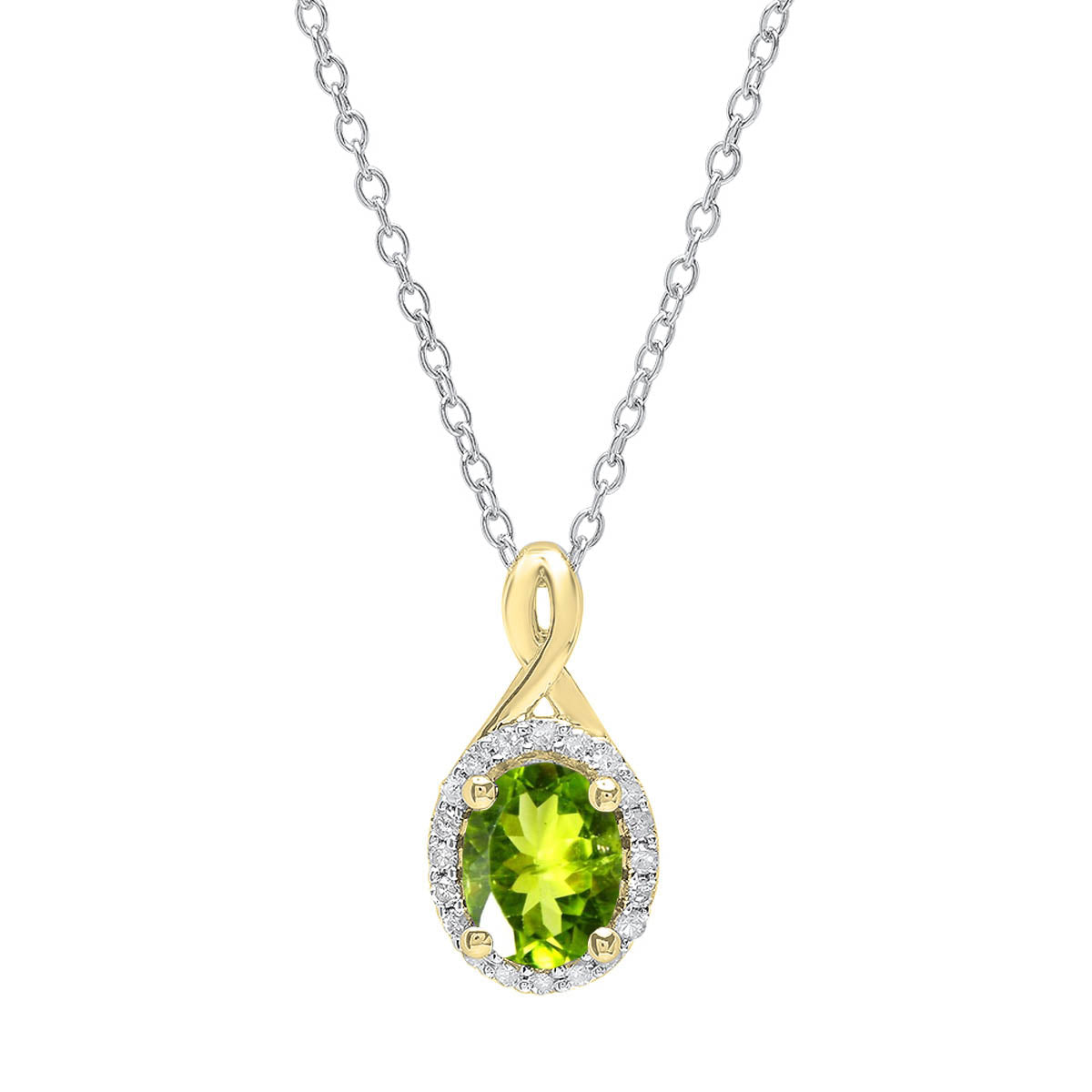 8X6mm Oval Peridot & Round White Diamond Women Halo Pendant Necklace for Women with 18 inch Silver Chain in 18K Yellow Gold