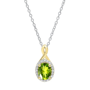 8X6mm Oval Peridot & Round White Diamond Women Halo Pendant Necklace for Women with 18 inch Silver Chain in 18K Yellow Gold