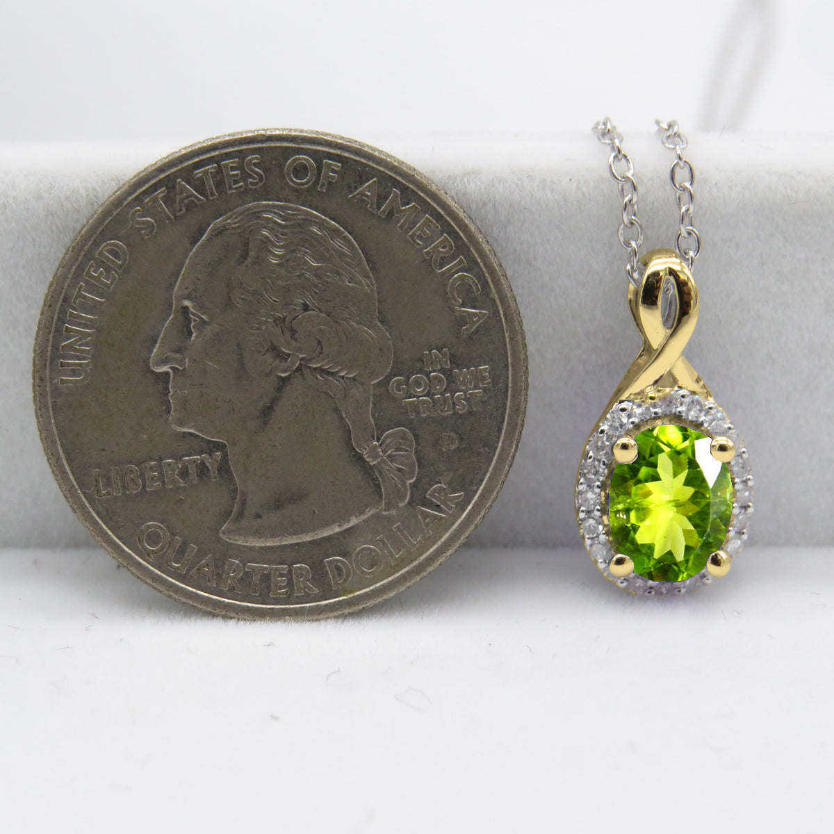 8X6mm Oval Peridot & Round White Diamond Women Halo Pendant Necklace for Women with 18 inch Silver Chain in 18K Yellow Gold