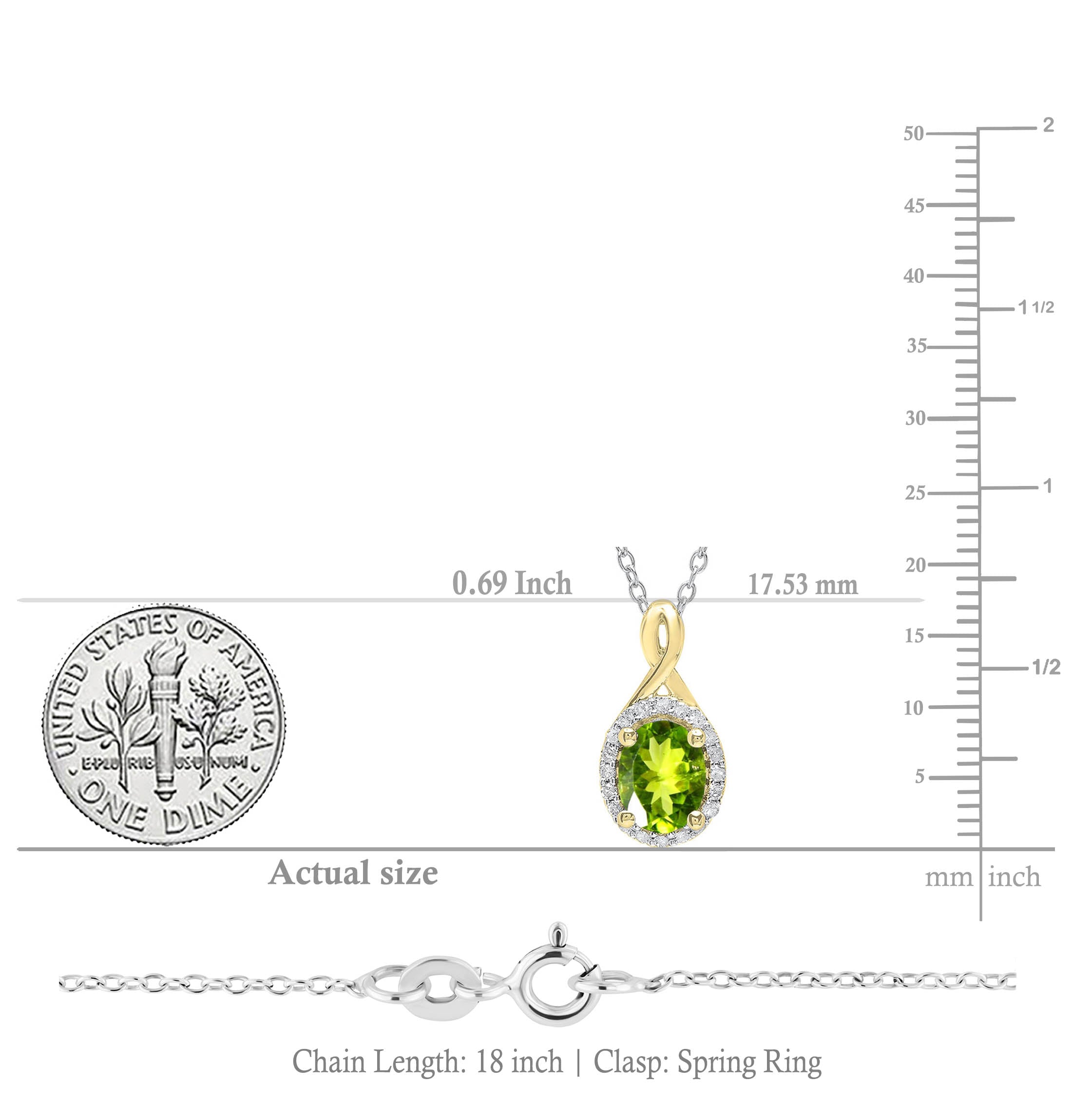 8X6mm Oval Peridot & Round White Diamond Women Halo Pendant Necklace for Women with 18 inch Silver Chain in 18K Yellow Gold