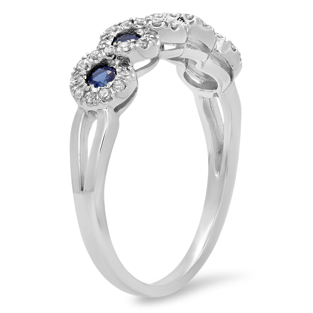 0.53 Carat (ctw) 10K White Gold Round White Diamond & Lab Created Blue Sapphire Ladies Bridal Stackable Anniversary Wedding Band Swirl Ring 1/2 CT