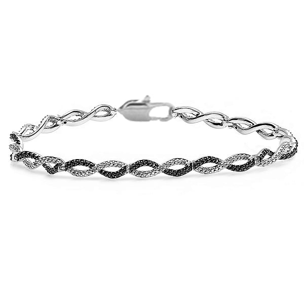 0.10 Carat (ctw) Sterling Silver Ladies Black and White Round Diamond Infinity Tennis Link Bracelet (7 Inch Length x 0.33 Inch Wide)
