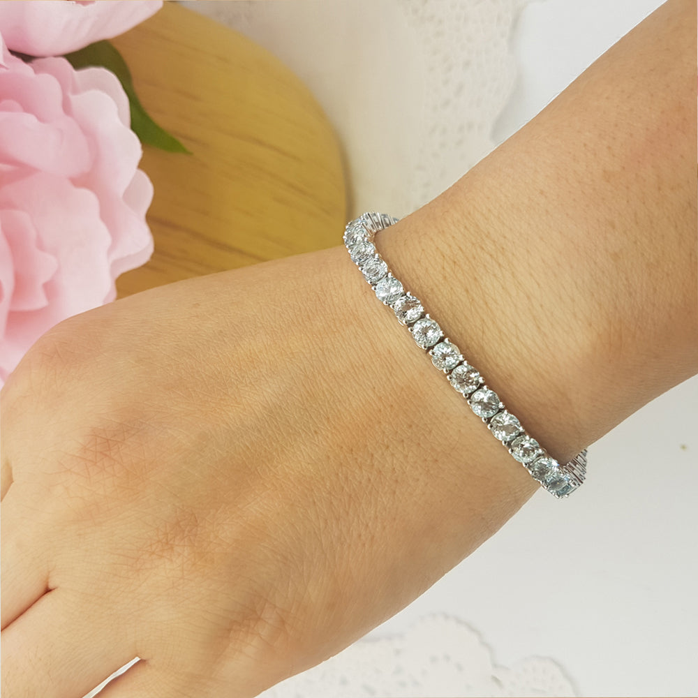 Sterling Silver Round Cut Aquamarine Ladies Tennis Bracelet (7 Inch Length x 5.1 MM Wide)