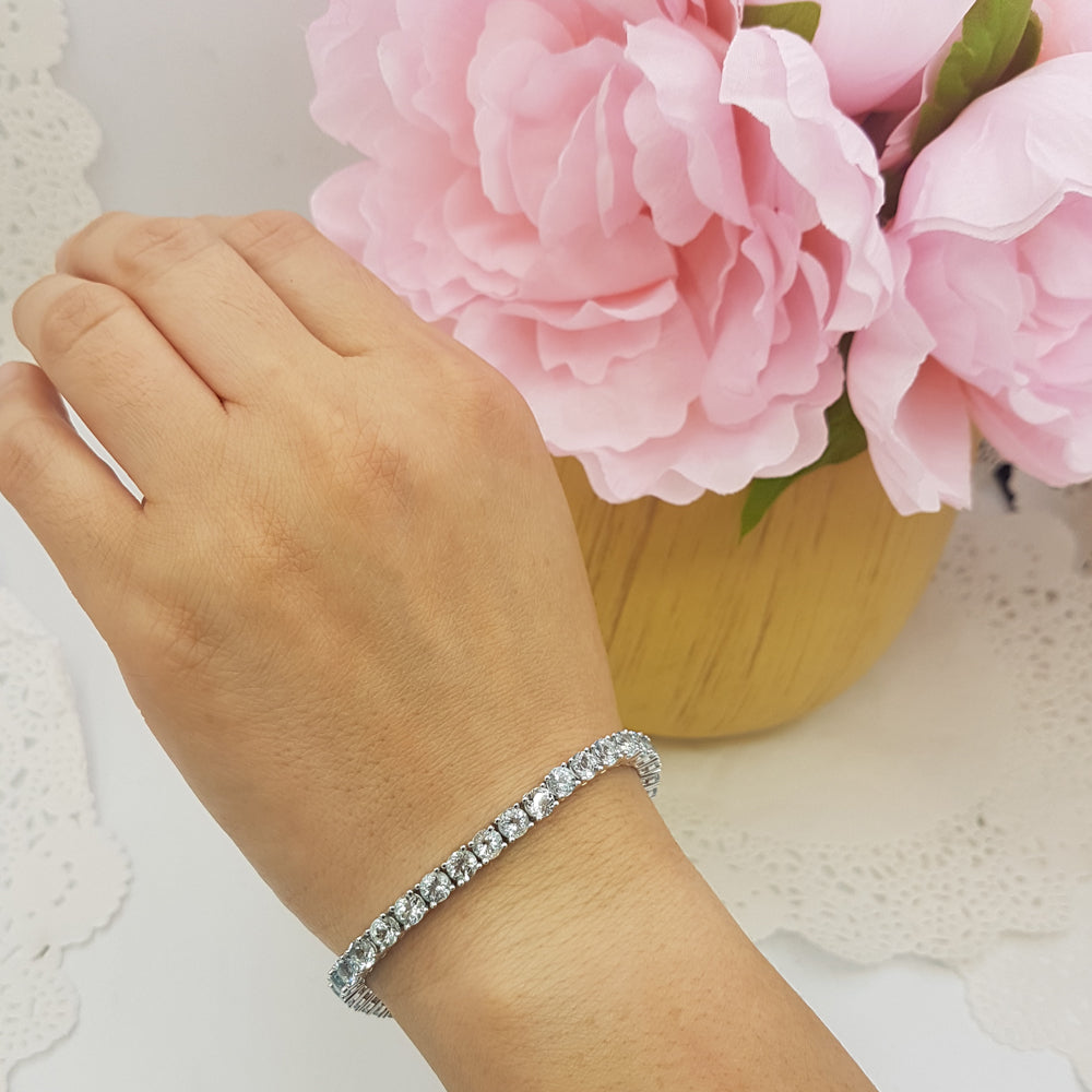 Sterling Silver Round Cut Aquamarine Ladies Tennis Bracelet (7 Inch Length x 5.1 MM Wide)