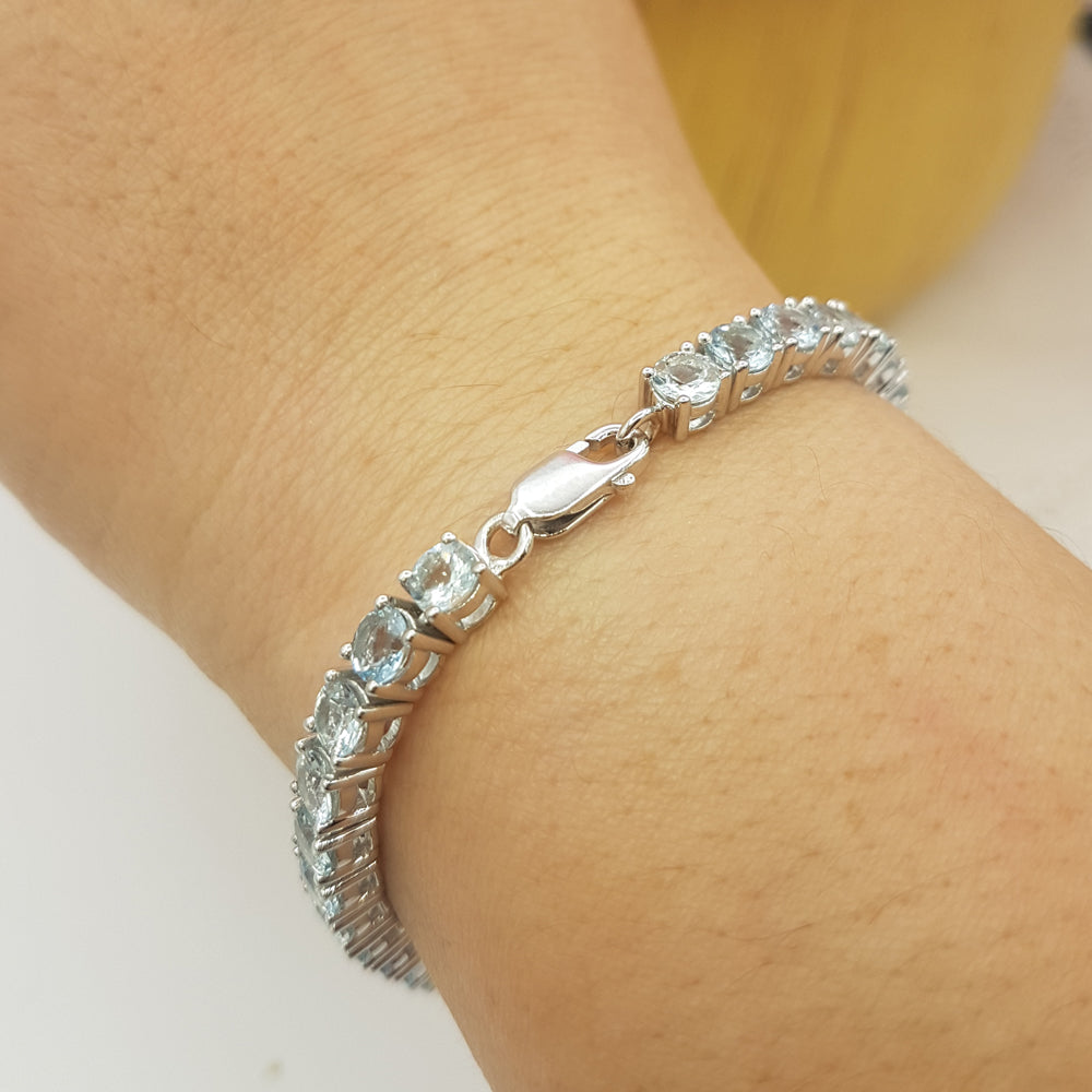 Sterling Silver Round Cut Aquamarine Ladies Tennis Bracelet (7 Inch Length x 5.1 MM Wide)