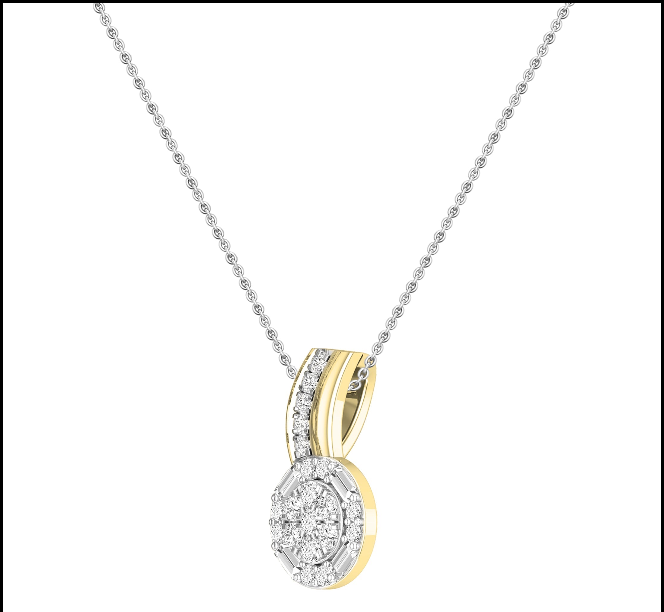 0.19 cttw Round & Baguette White Diamond Cluster Pendant Necklace with 18 inch Silver Chain for Women in 18K Yellow Gold