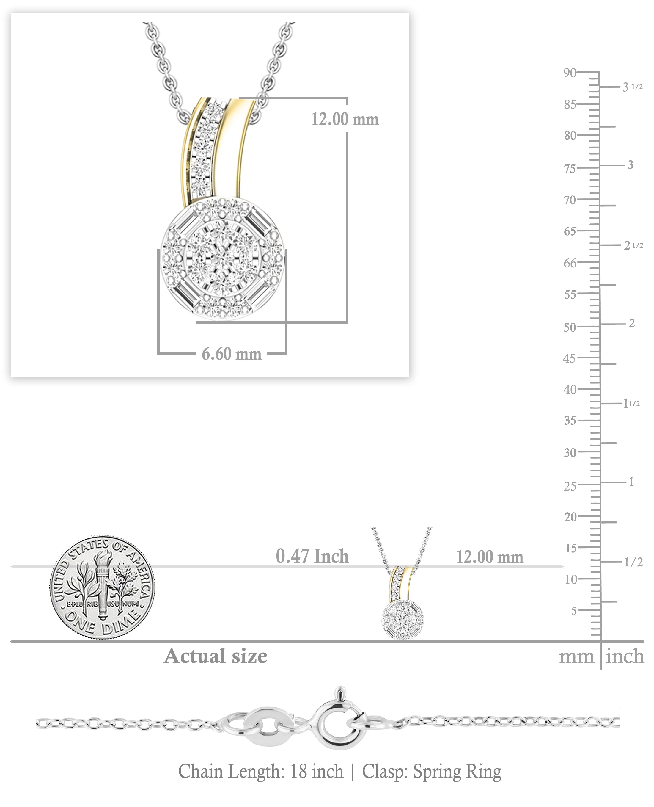 0.19 cttw Round & Baguette White Diamond Cluster Pendant Necklace with 18 inch Silver Chain for Women in 18K Yellow Gold