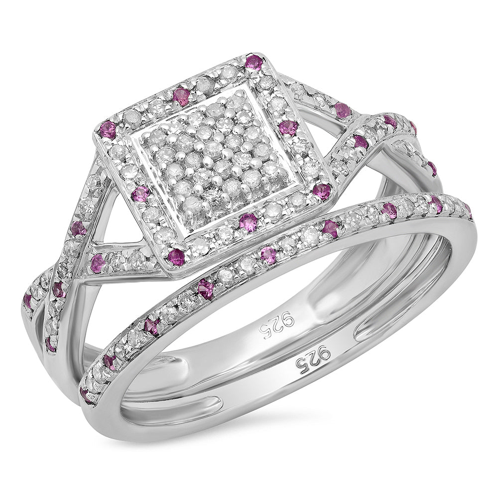 0.50 Carat (ctw) Sterling Silver Round Pink Sapphire & White Diamond Ladies Engagement Bridal Ring Set Matching Wedding Band 1/2 CT